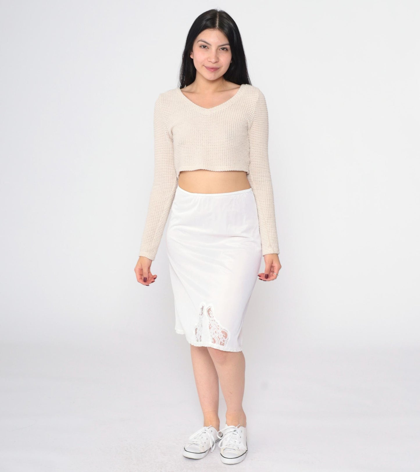70s White Lace Slip Skirt Vintage Lingerie Elastic Waist Knee Length Small