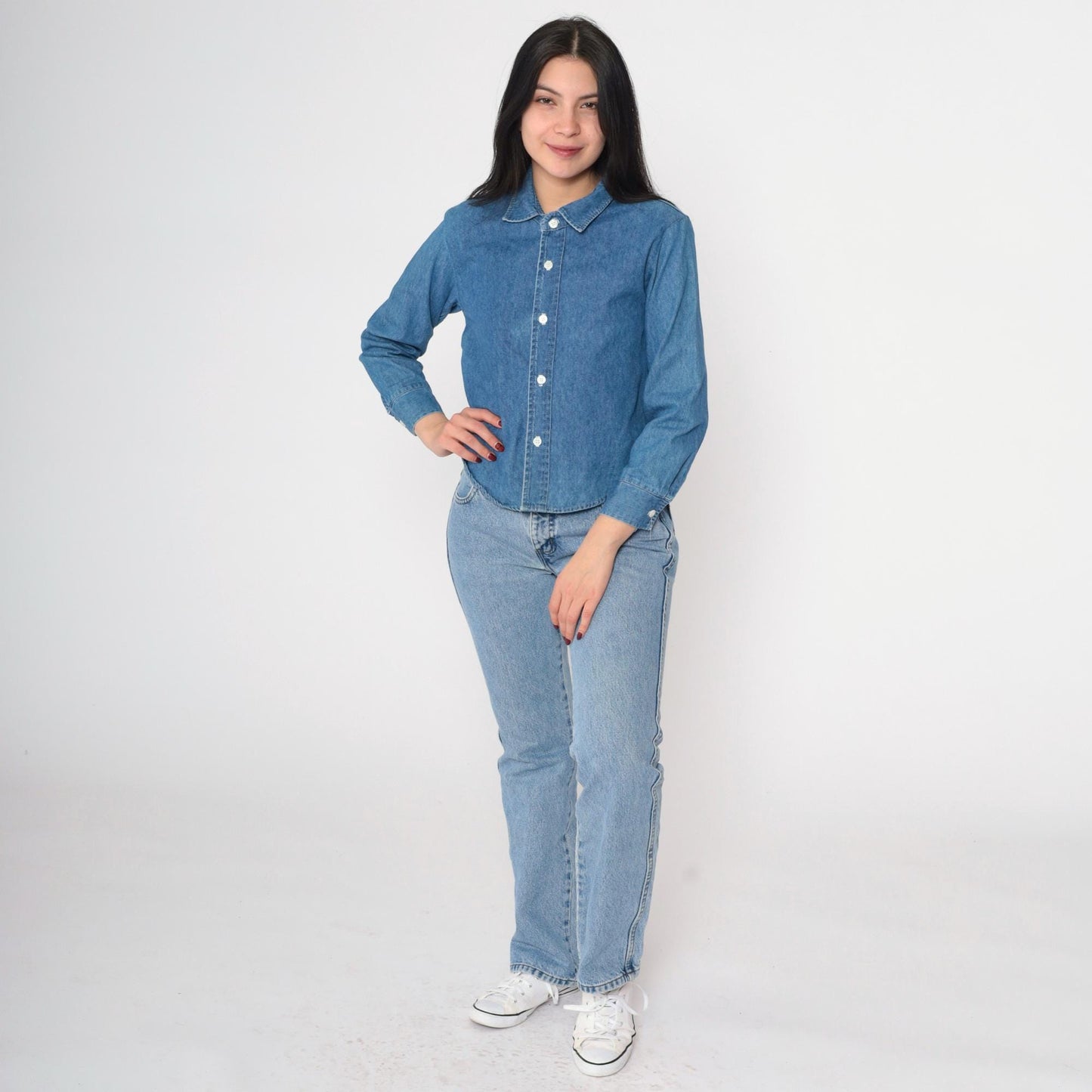 90s Contempo Casuals Denim Button-Up Shirt Blue Cotton Long Sleeve XXS