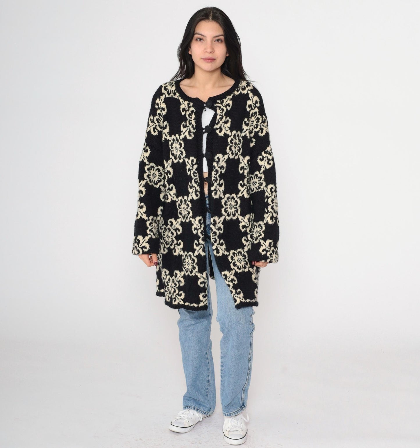 80s Floral Cardigan Longline Button-Up Knit Sweater Cream Black Extra Large
