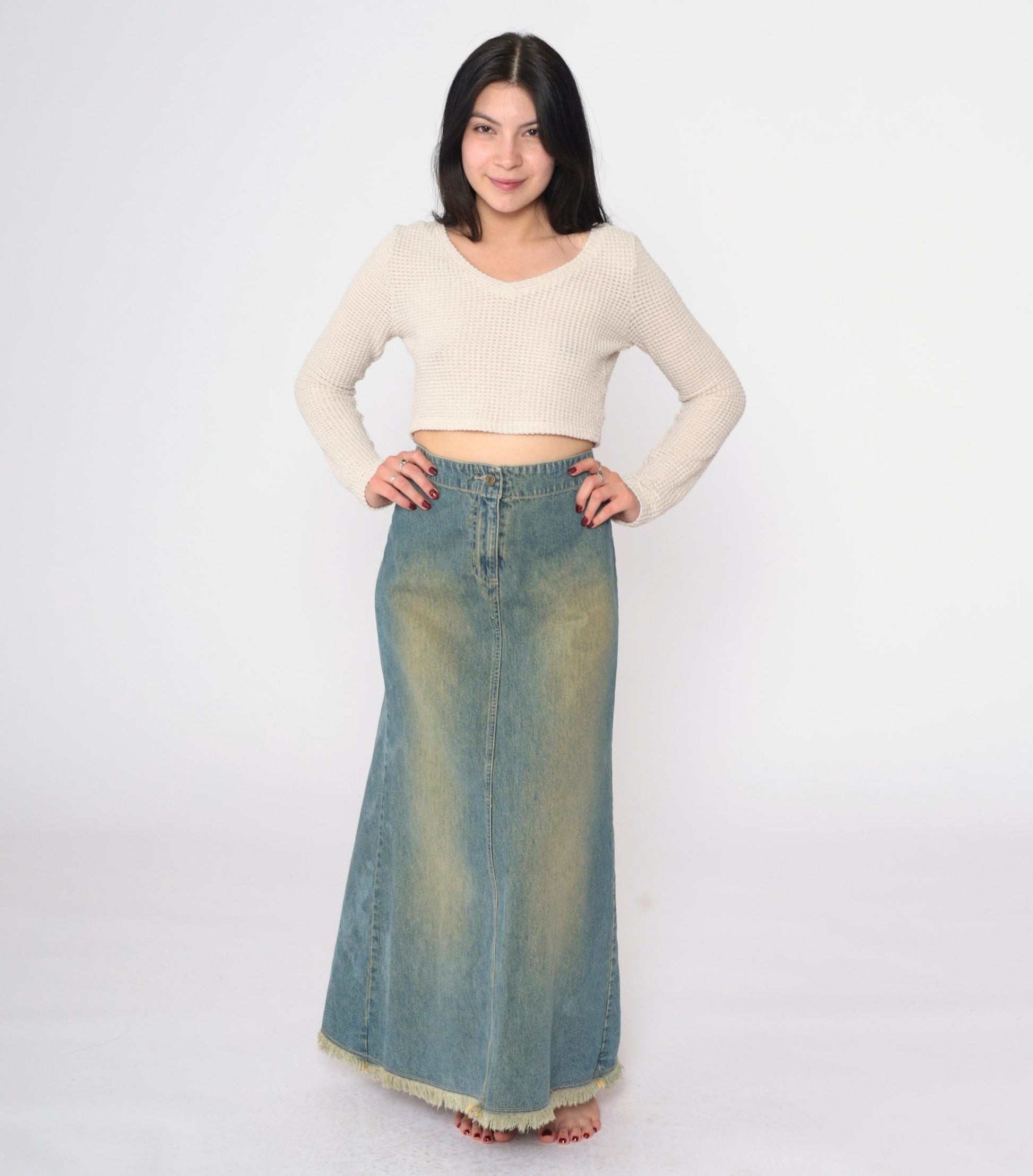 Y2K Blue Denim Maxi Skirt High Rise A-Line Rear Slit Small 6