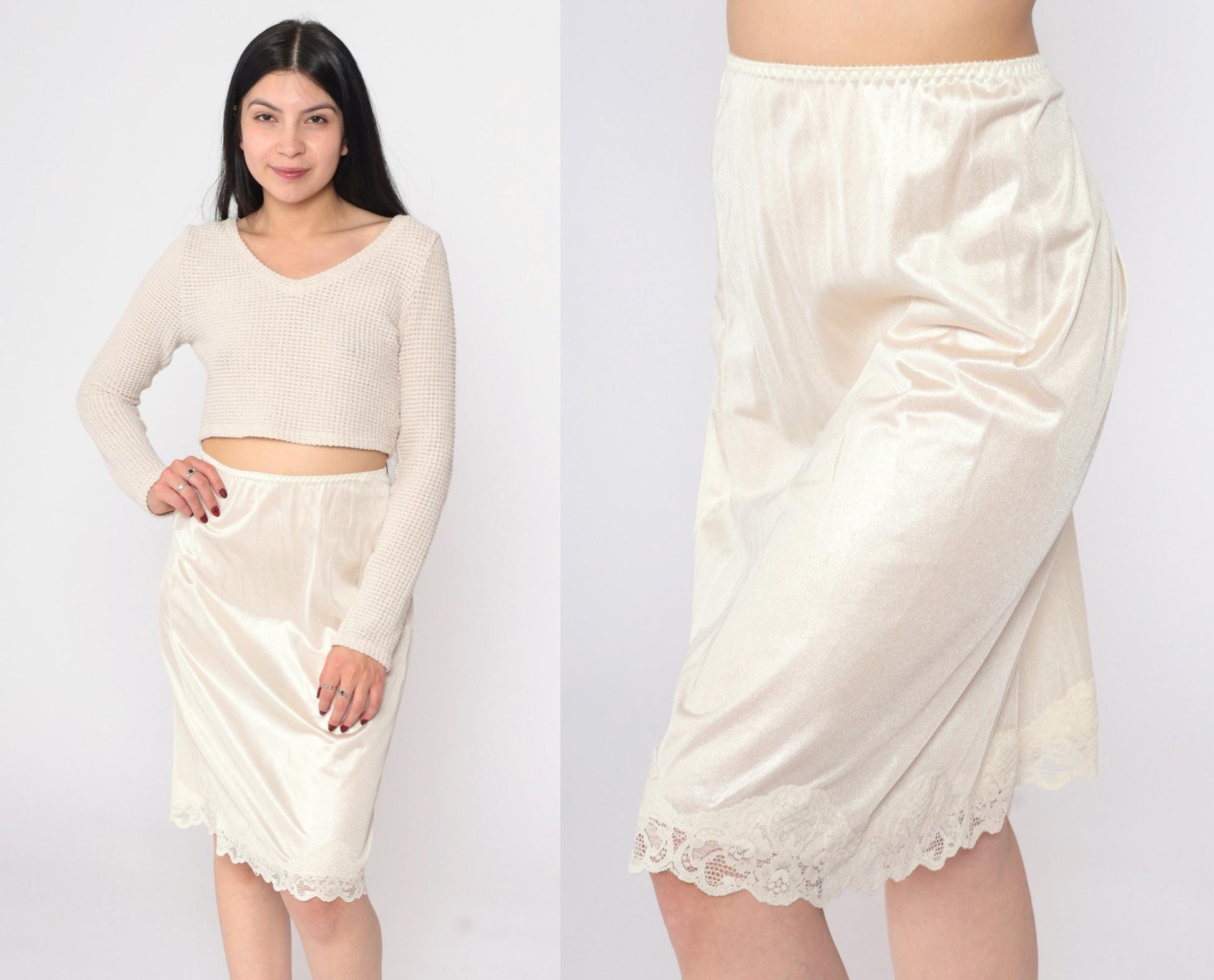 70s Cream Lace Half Slip Skirt Elastic Waist Knee Length Large