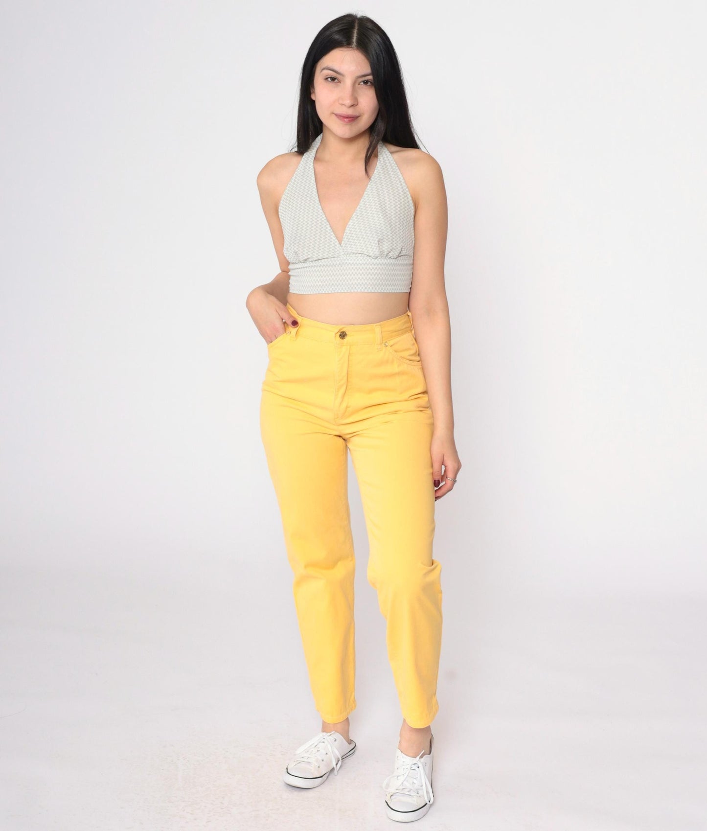 90s Escada Yellow Cotton High-Waisted Slim Trousers Small 29