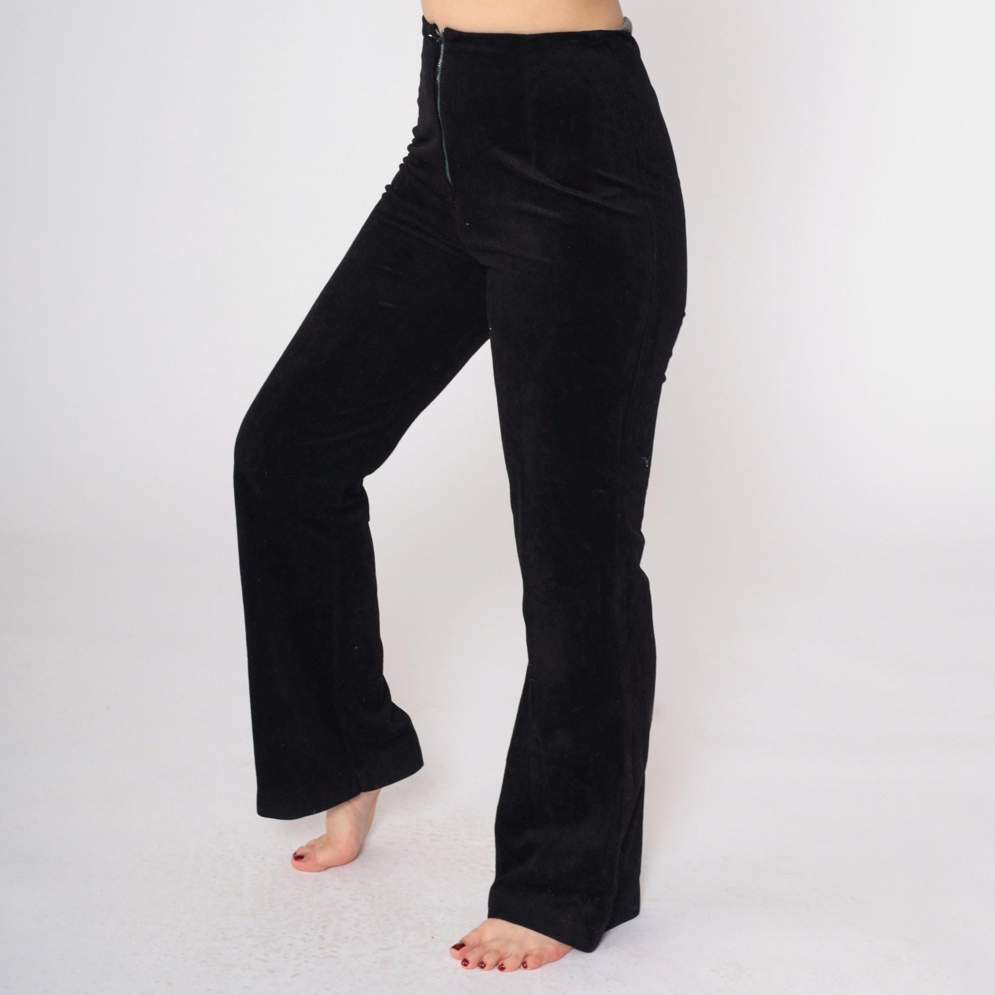 70s Black Velvet Bellbottoms High-Waisted Flared Trousers Small S