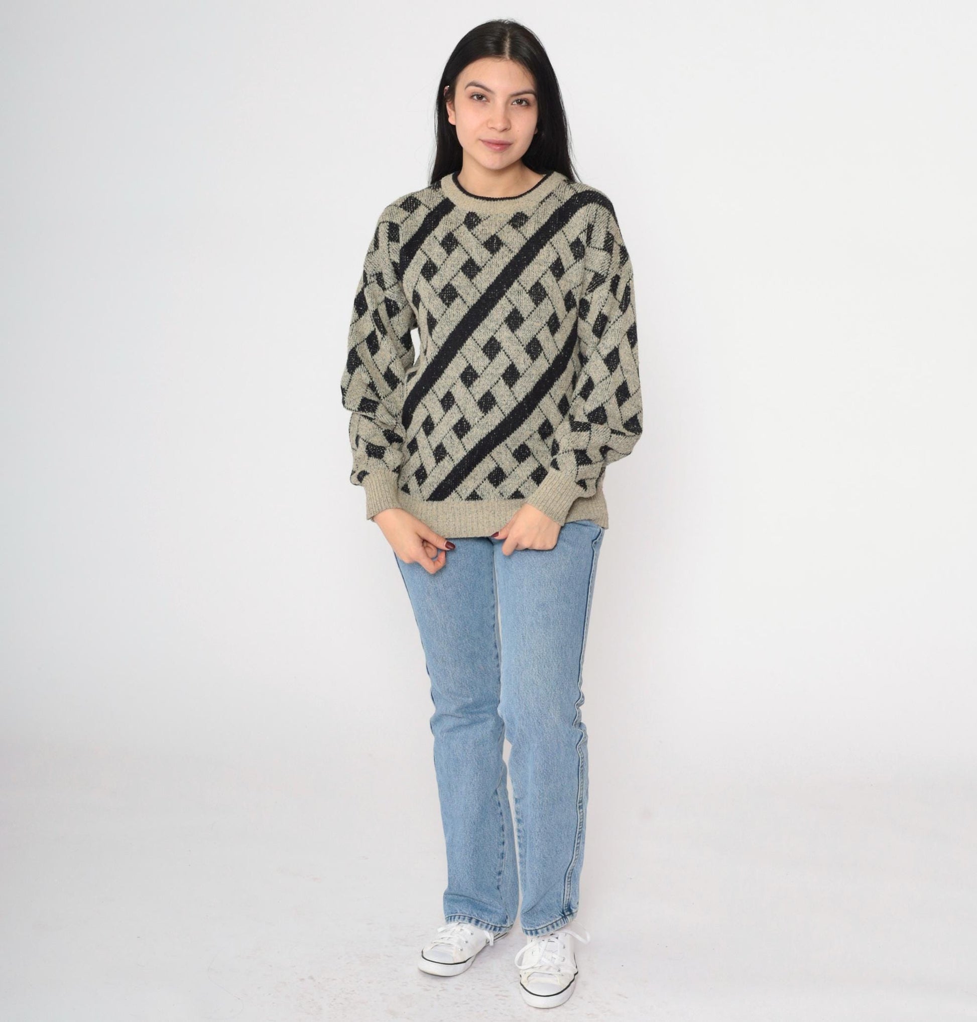 90s Geometric Knit Sweater Black Taupe Lattice Crewneck Pullover Medium
