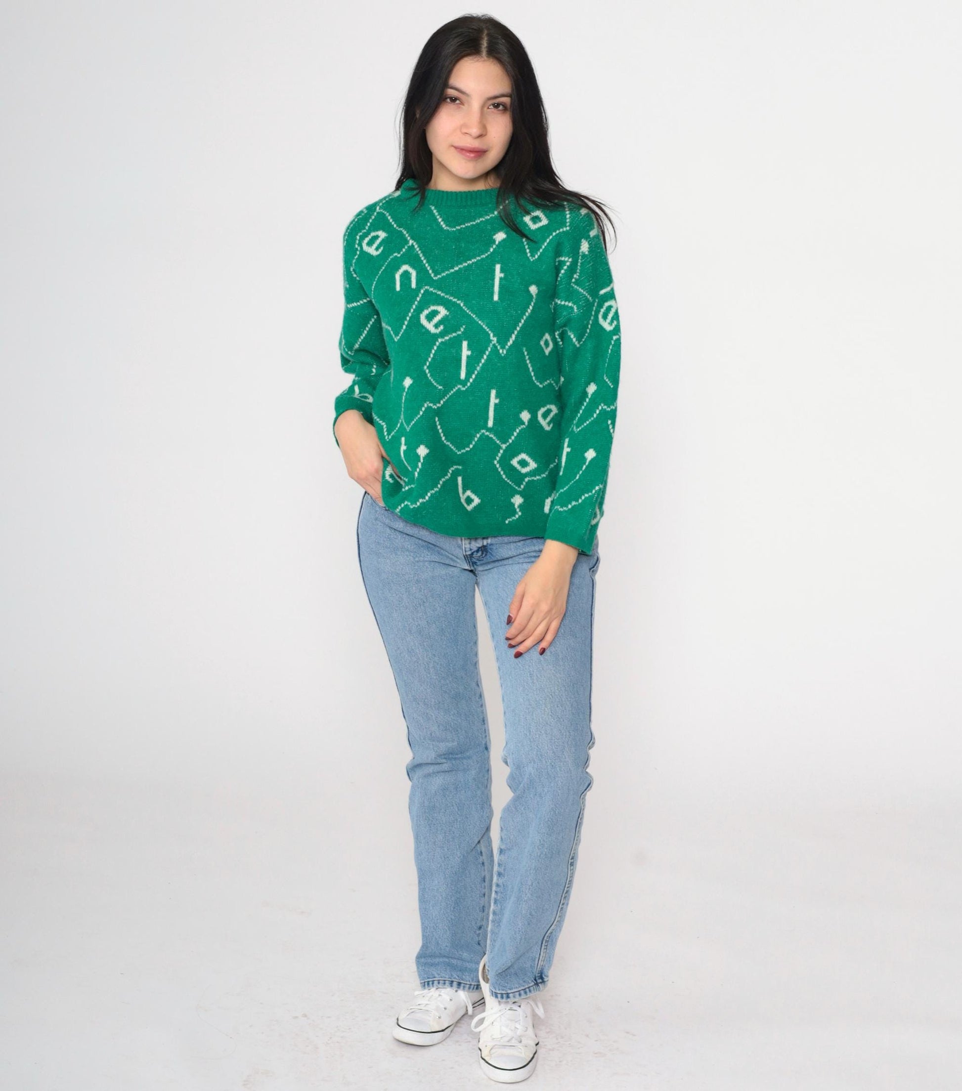 80s Benetton Wool Blend Sweater Green Spellout Graphic Crewneck Small