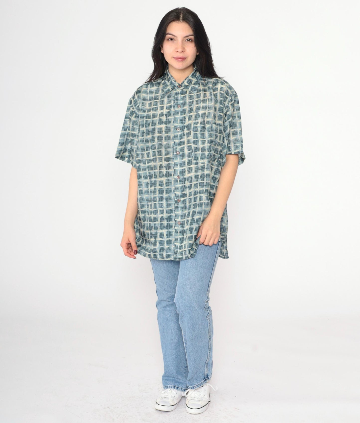 90s Robert Stock Silk Shirt Blue Geometric Print Button Up Small
