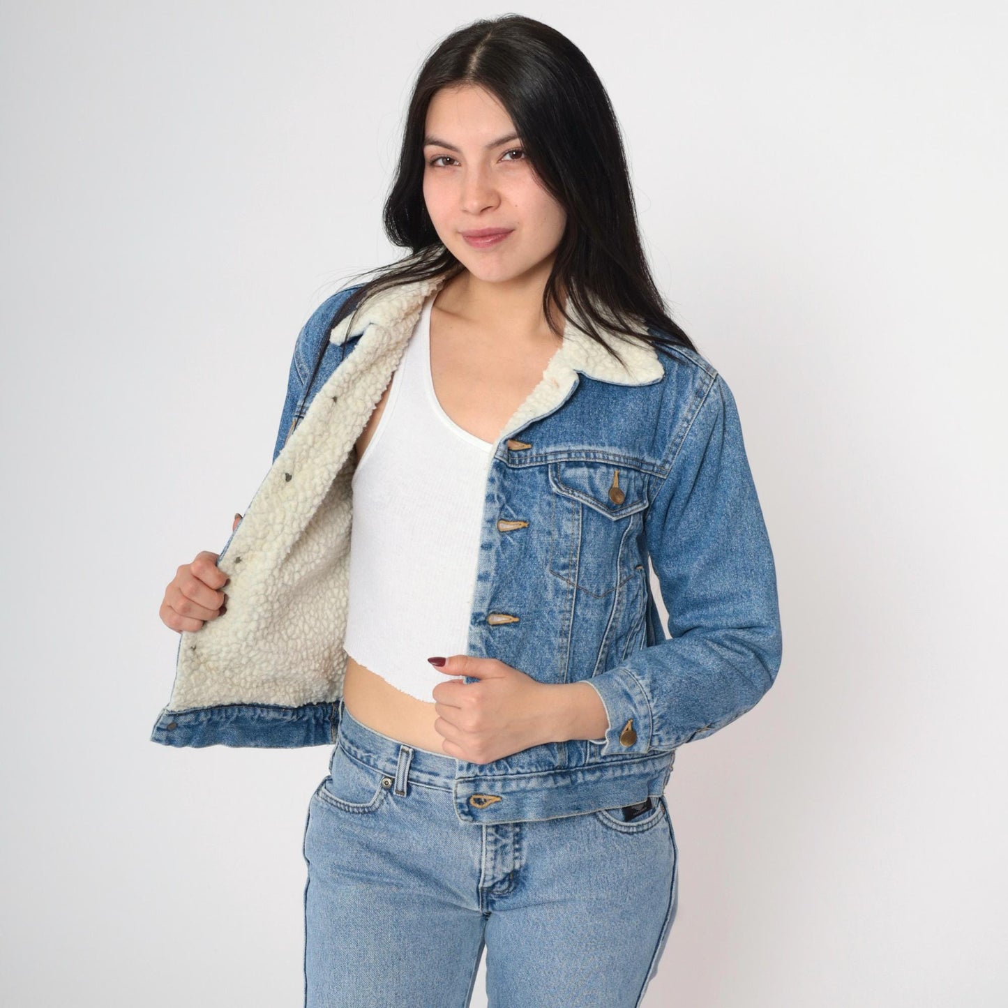 90s Blue Denim Shearling Jacket Faux Fleece Lined Button Up XXS