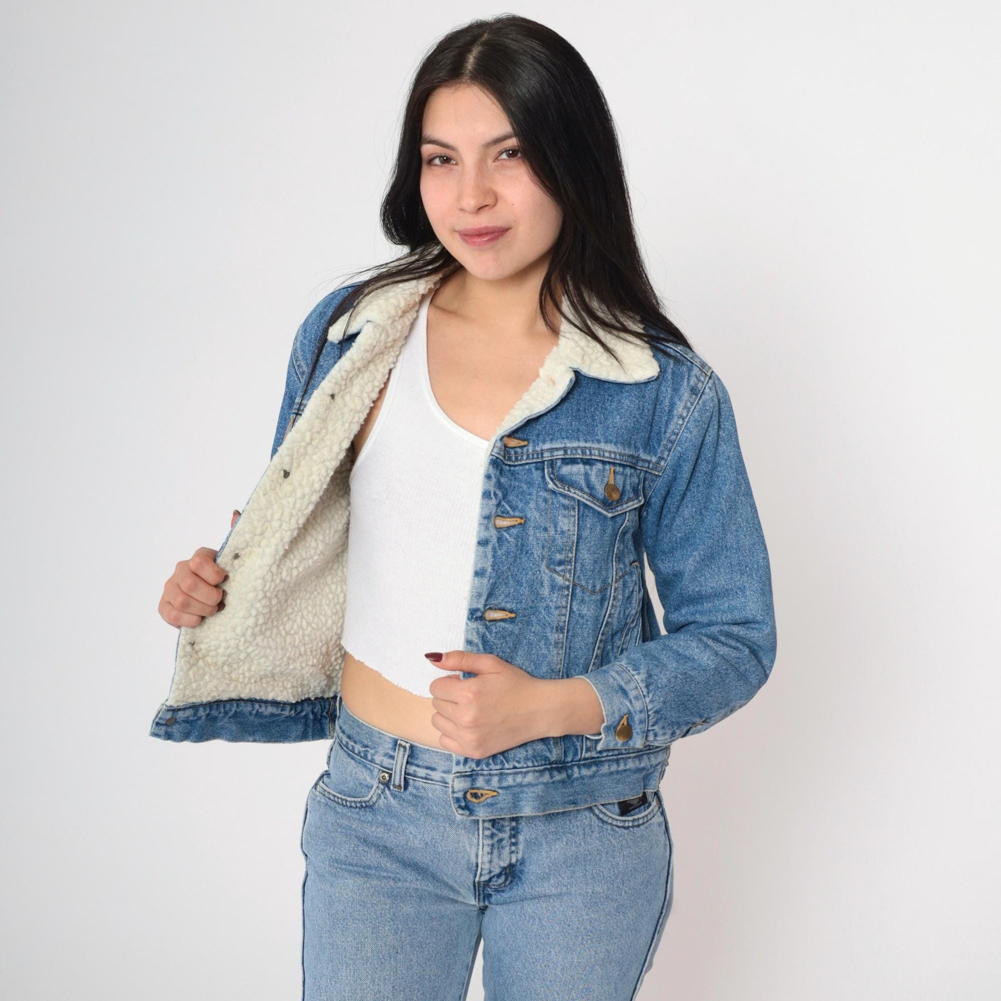 90s Blue Denim Shearling Jacket Faux Fleece Lined Button Up XXS
