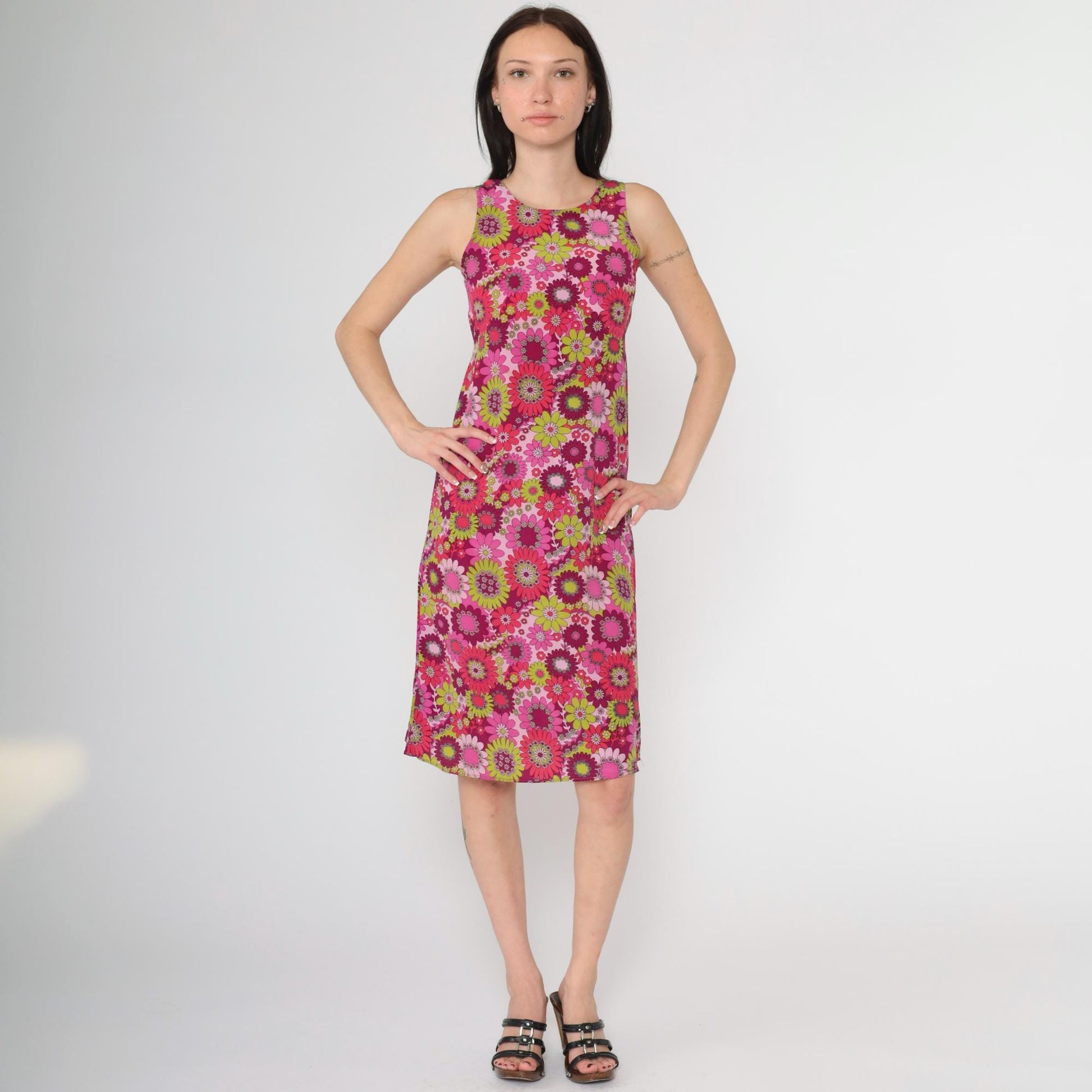 90s Floral Midi Sundress Shift Sleeveless Pink Purple Lime Green 2XS