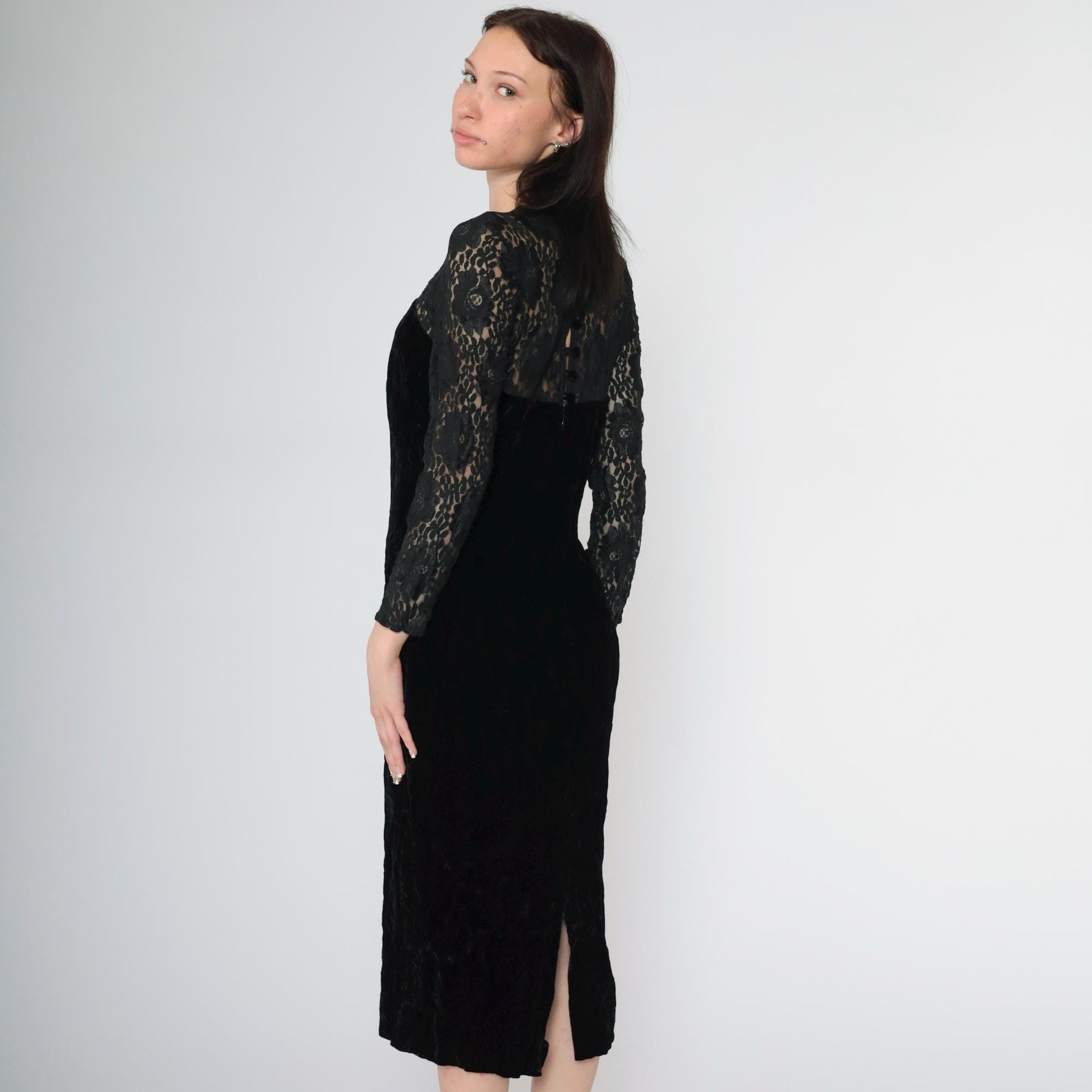 80s Depeche Black Velvet Midi Dress Lace Sleeves Sweetheart Neckline Small