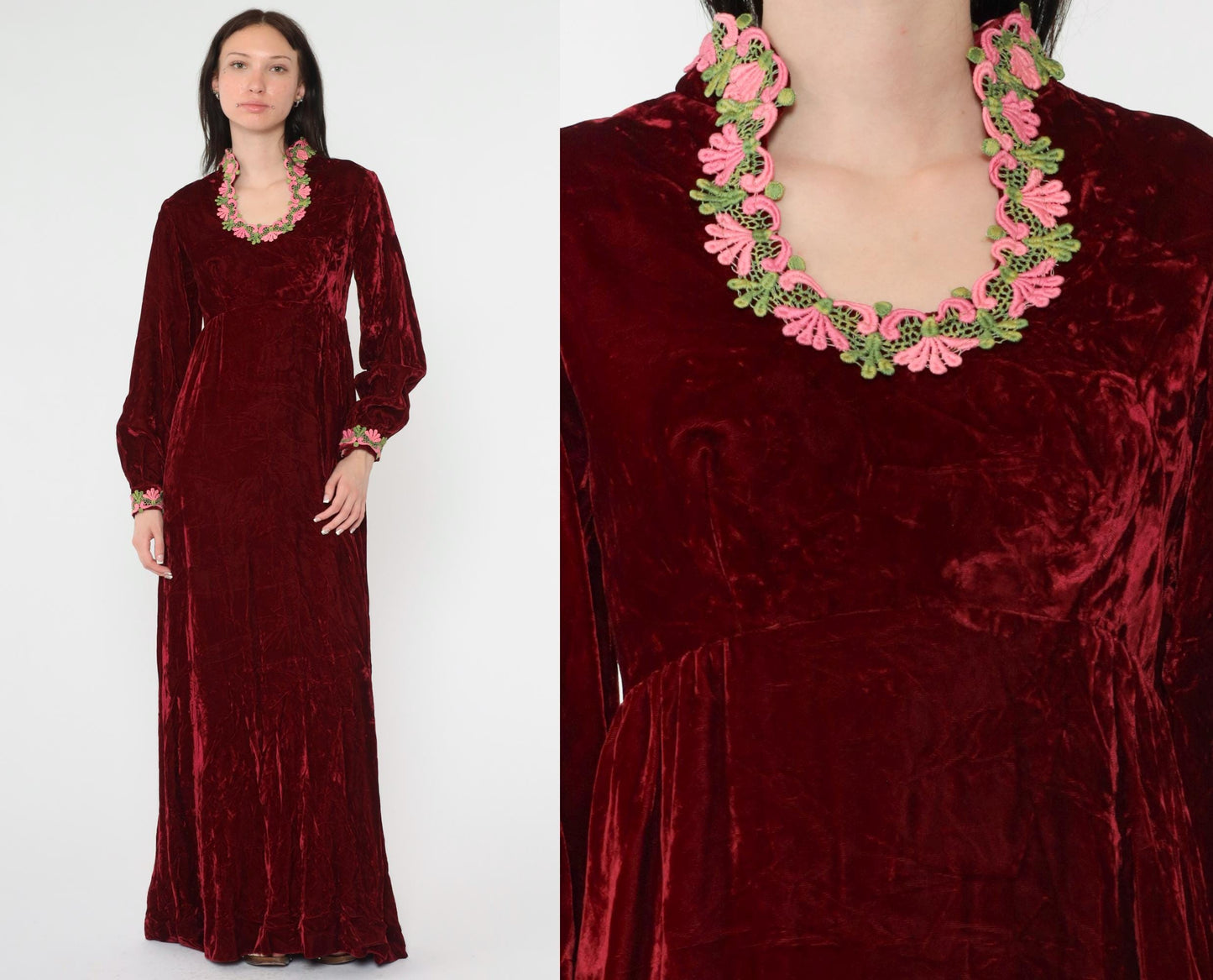 70s Red Velvet Maxi Dress Empire Waist Lace Long Sleeve Small