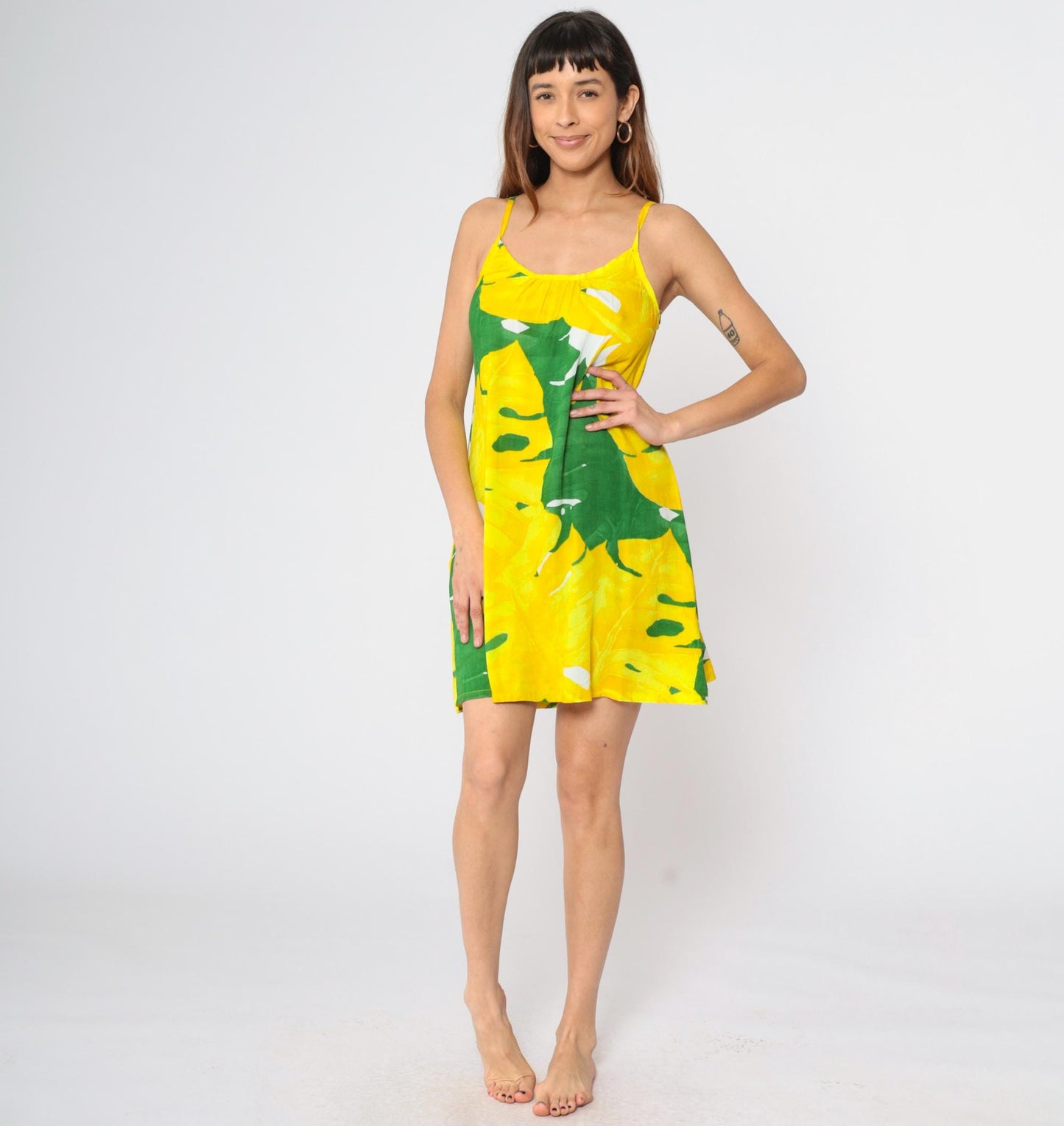 Y2K Tropical Leaf Print Mini Dress Yellow Green Spaghetti Strap Small