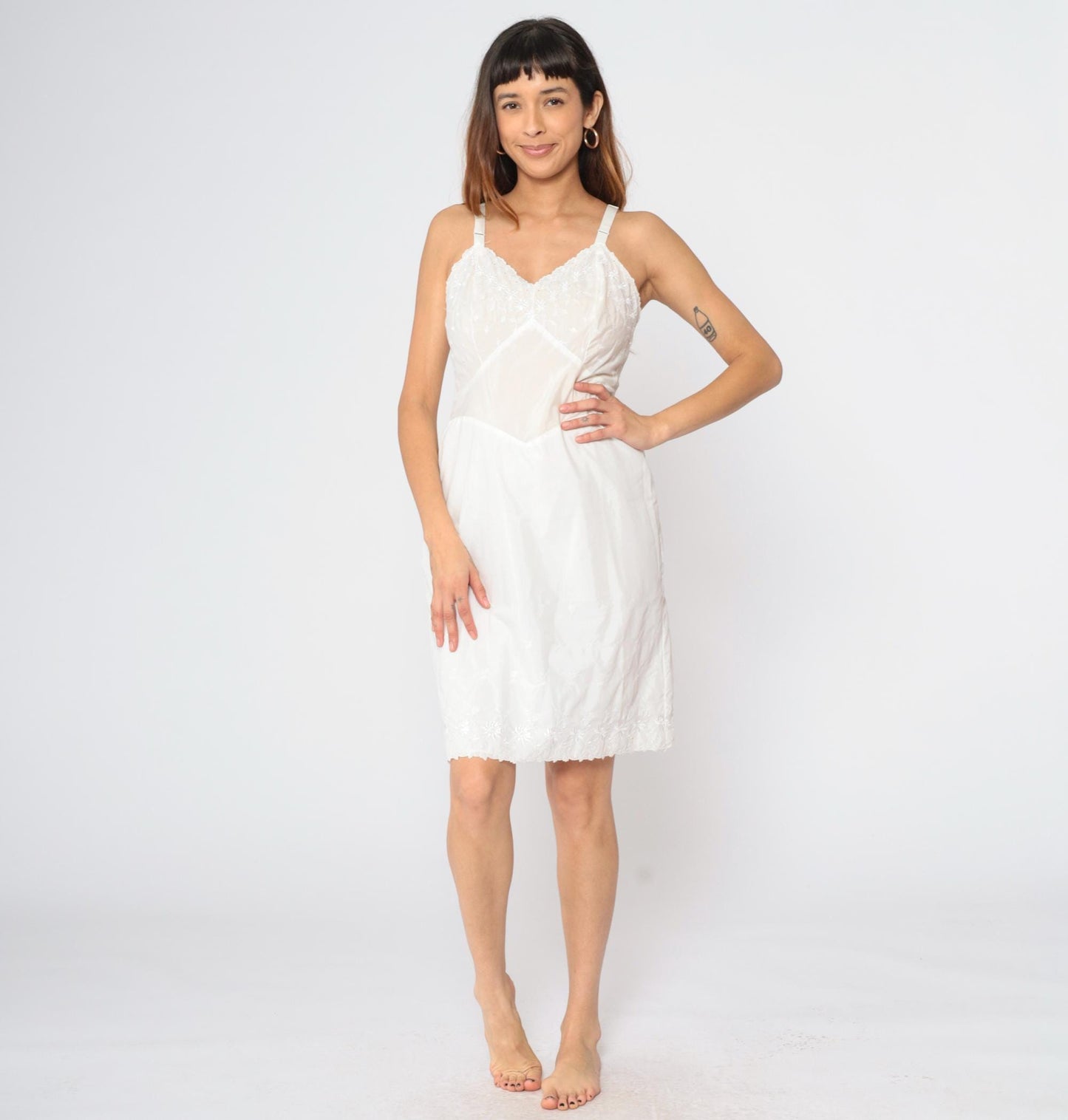 60s White Floral Embroidered Slip Dress High Waist Spaghetti Strap Mini 36