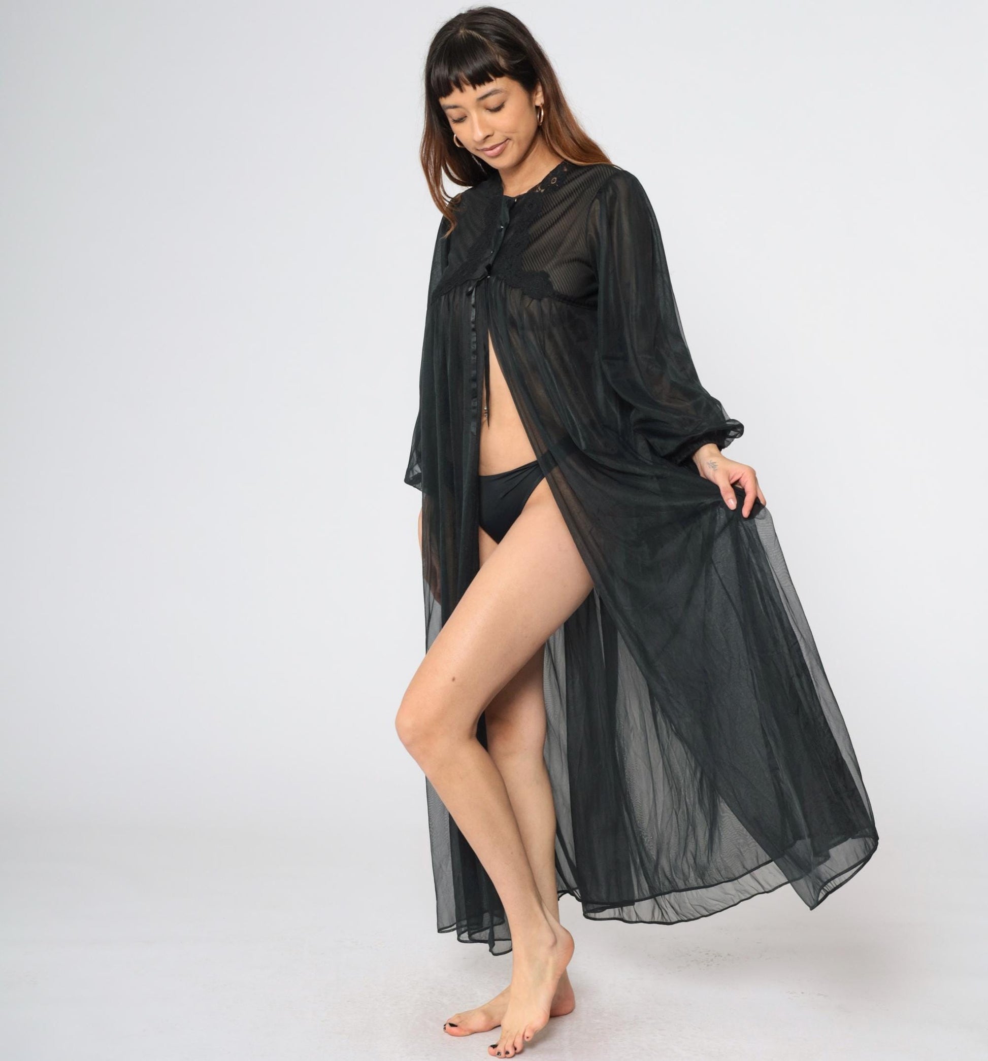 70s Gossard Artemis Black Nylon Lingerie Robe Lace Trim Maxi Medium