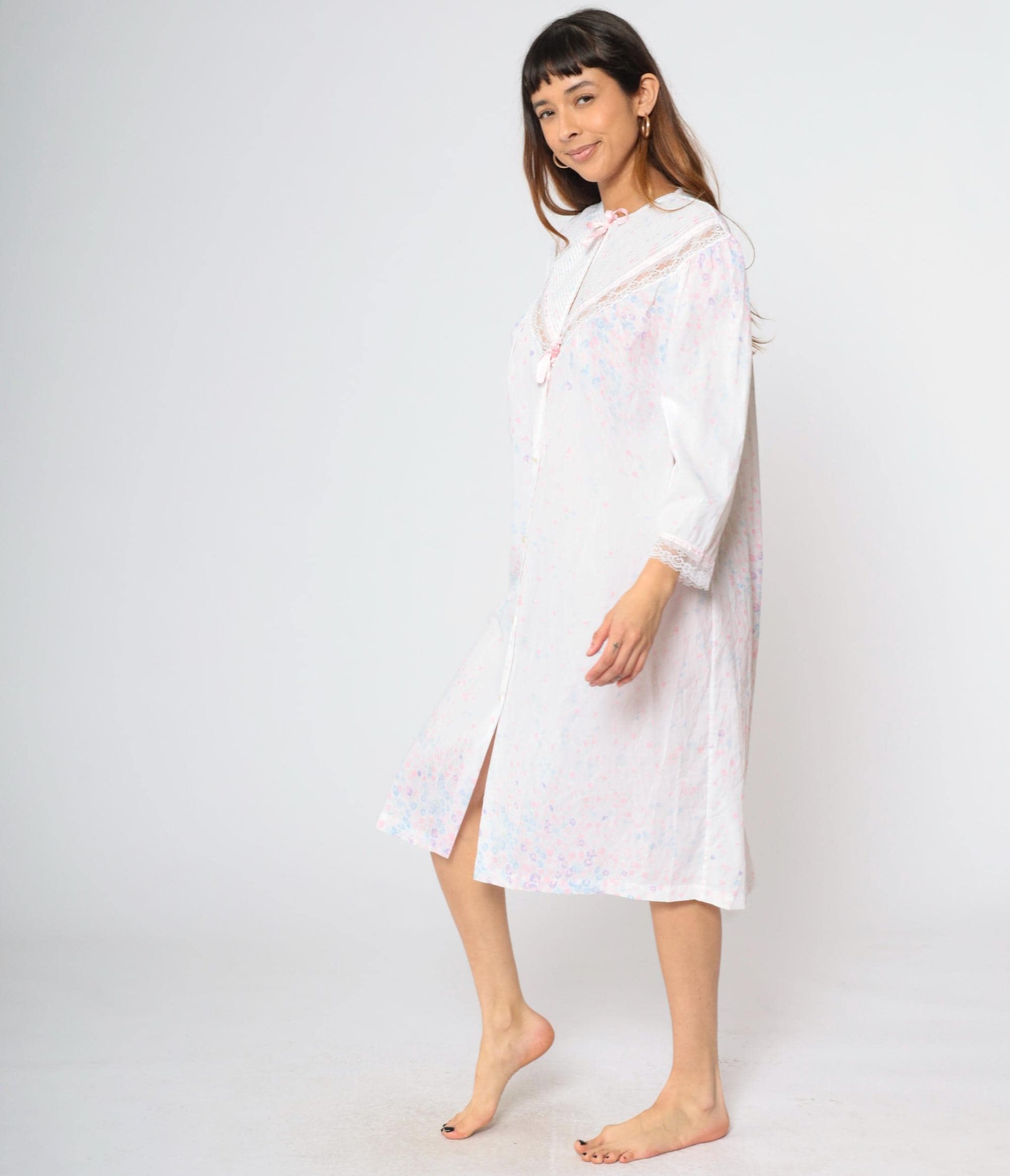 80s Barbizon Floral Button-Up Nightgown Pastel Pink Lace Trim Midi Large L