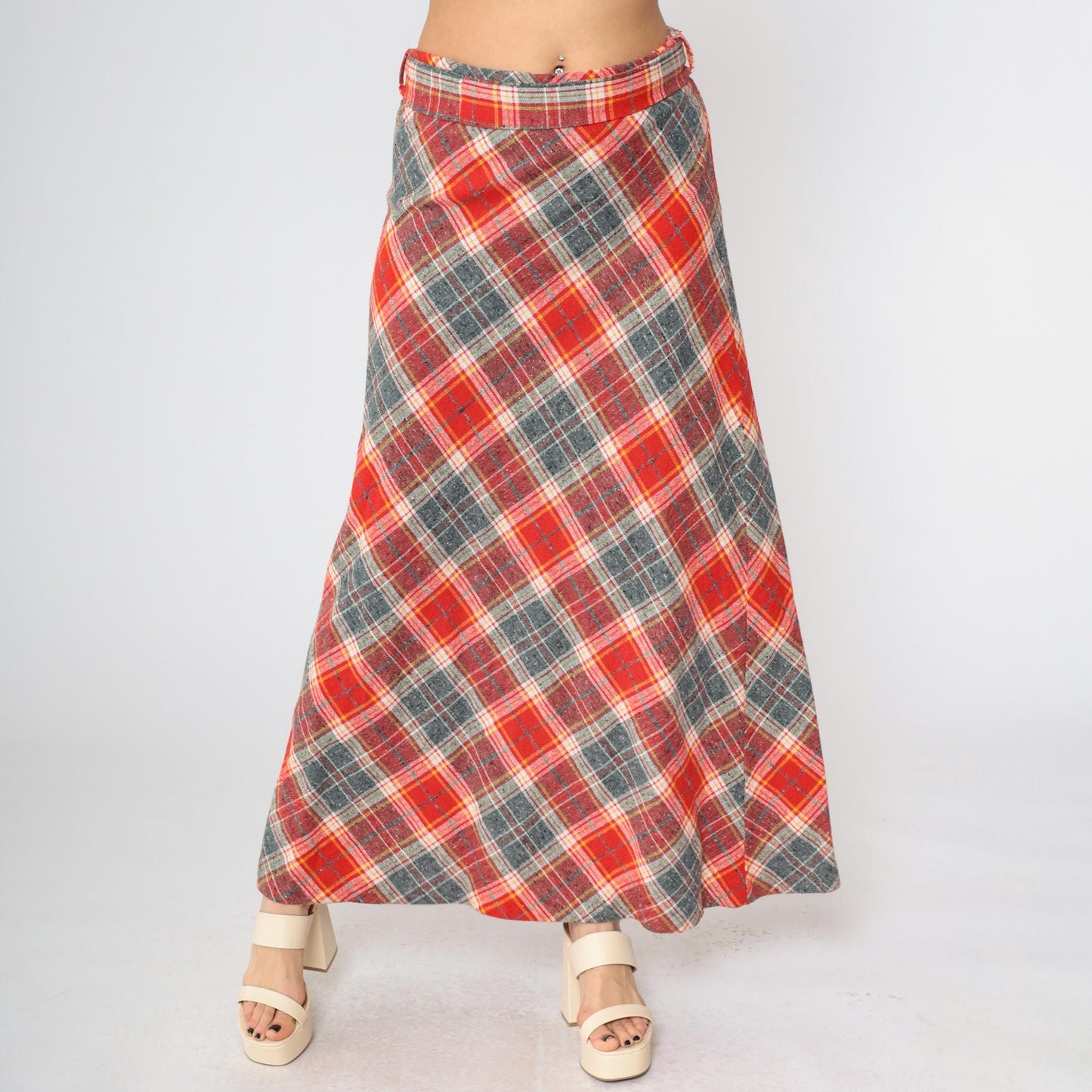 70s Plaid Wool Maxi Skirt High Waist A-Line Red Grey Tartan Medium Large
