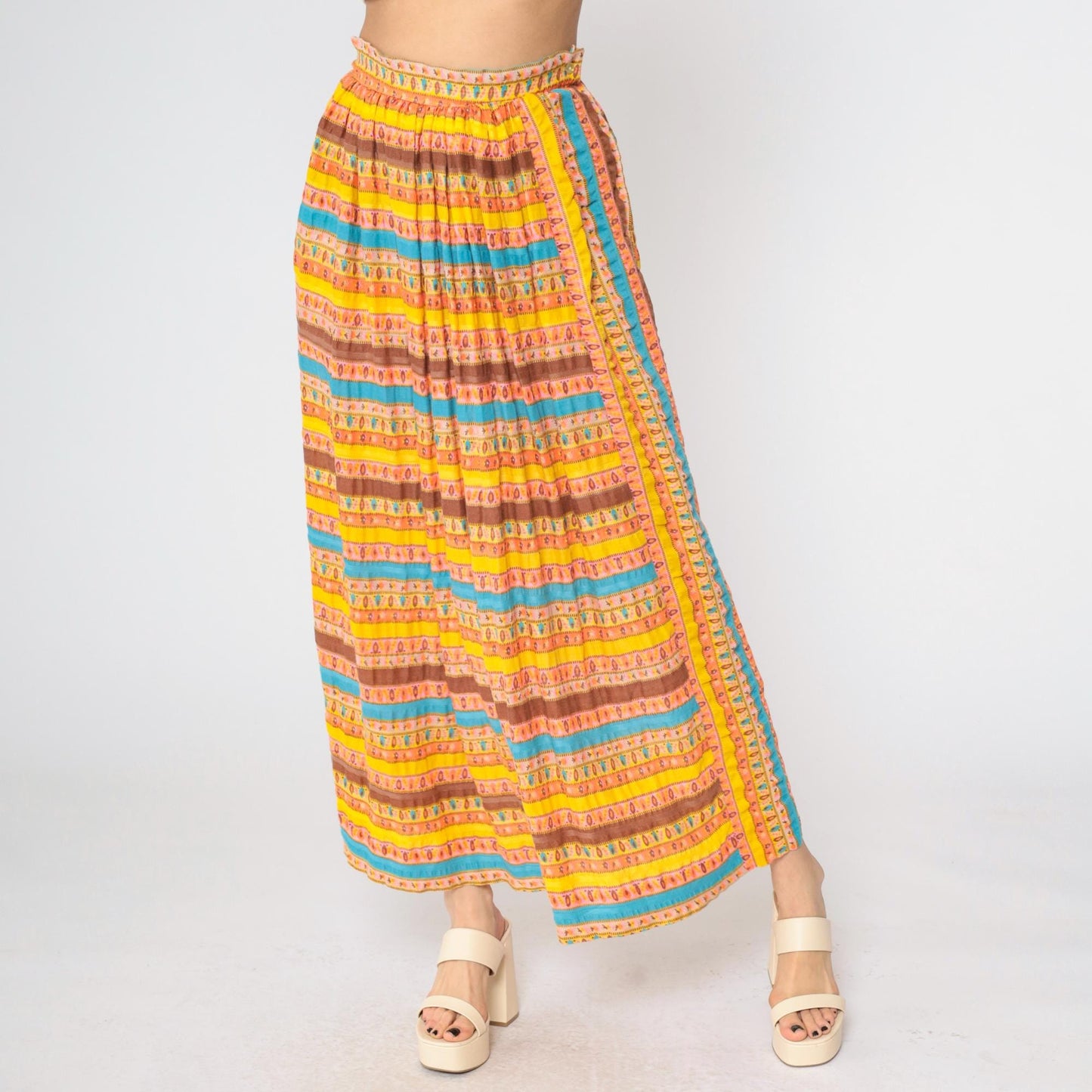 70s Lady Arrow Striped Maxi Skirt High Waist Floral Abstract Print Medium