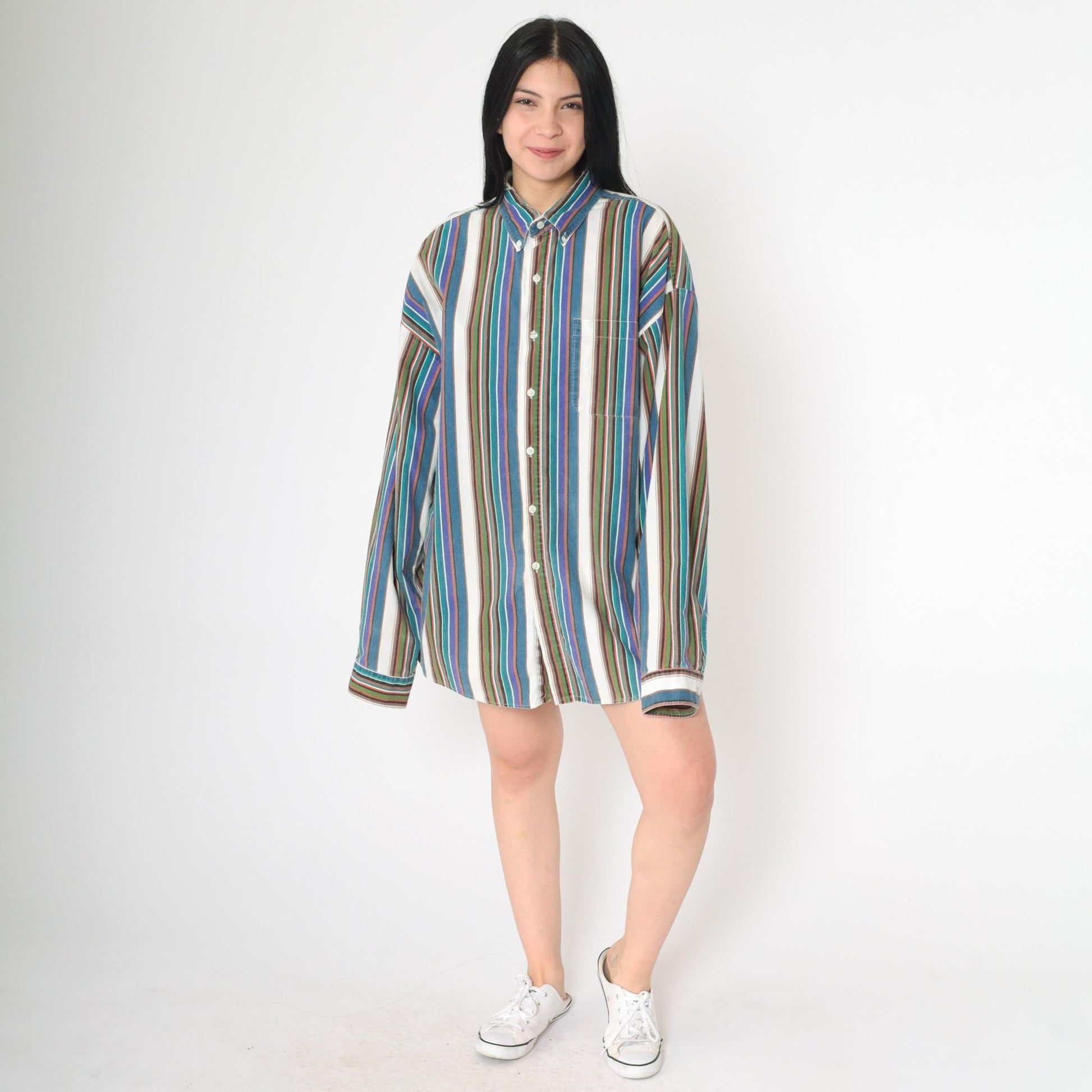 90s Bon Homme Multicolor Striped Cotton Button-Up Shirt Long Sleeve Extra Large XL