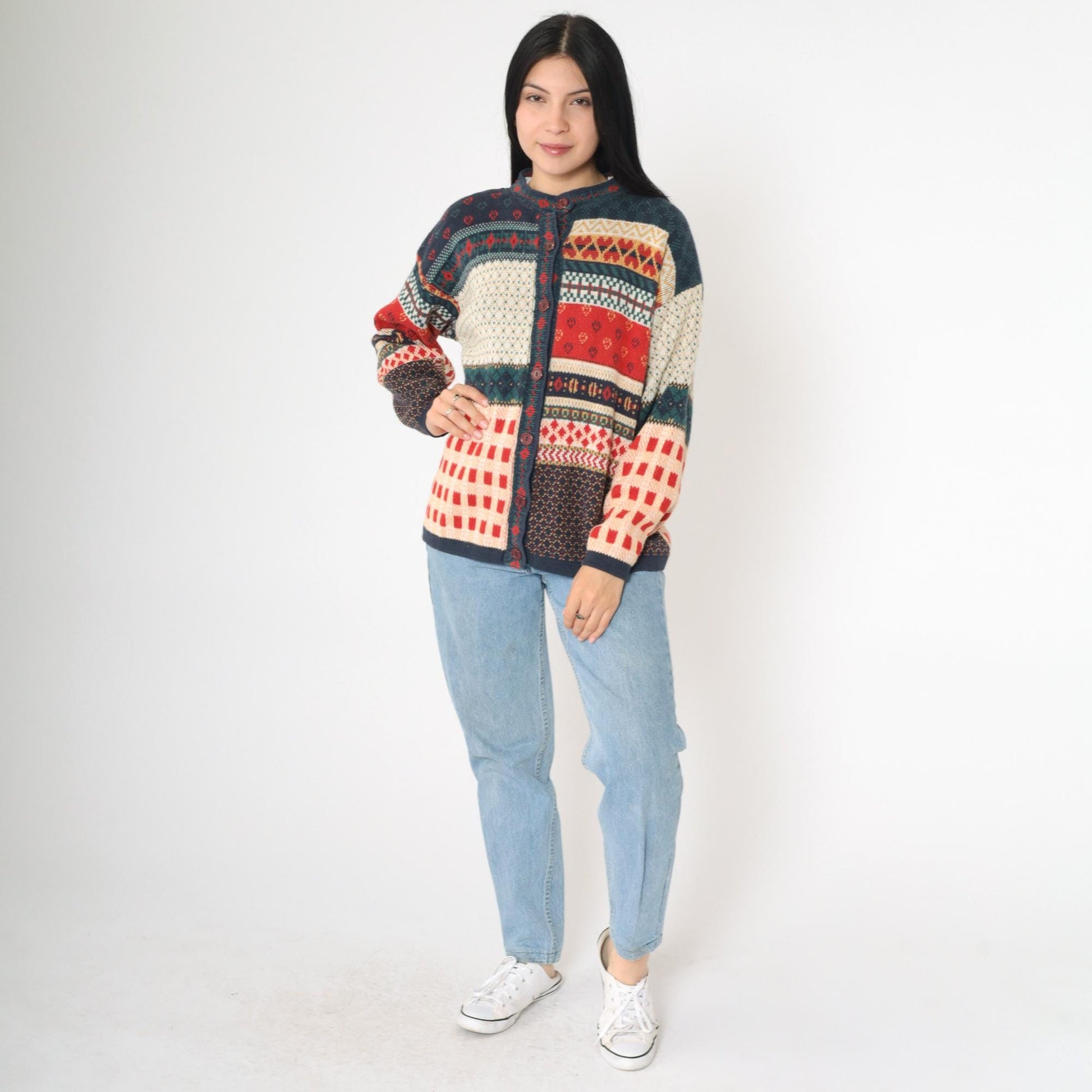 90s Cabin Creek Patchwork Cardigan Checkered Heart Print Button Up Medium