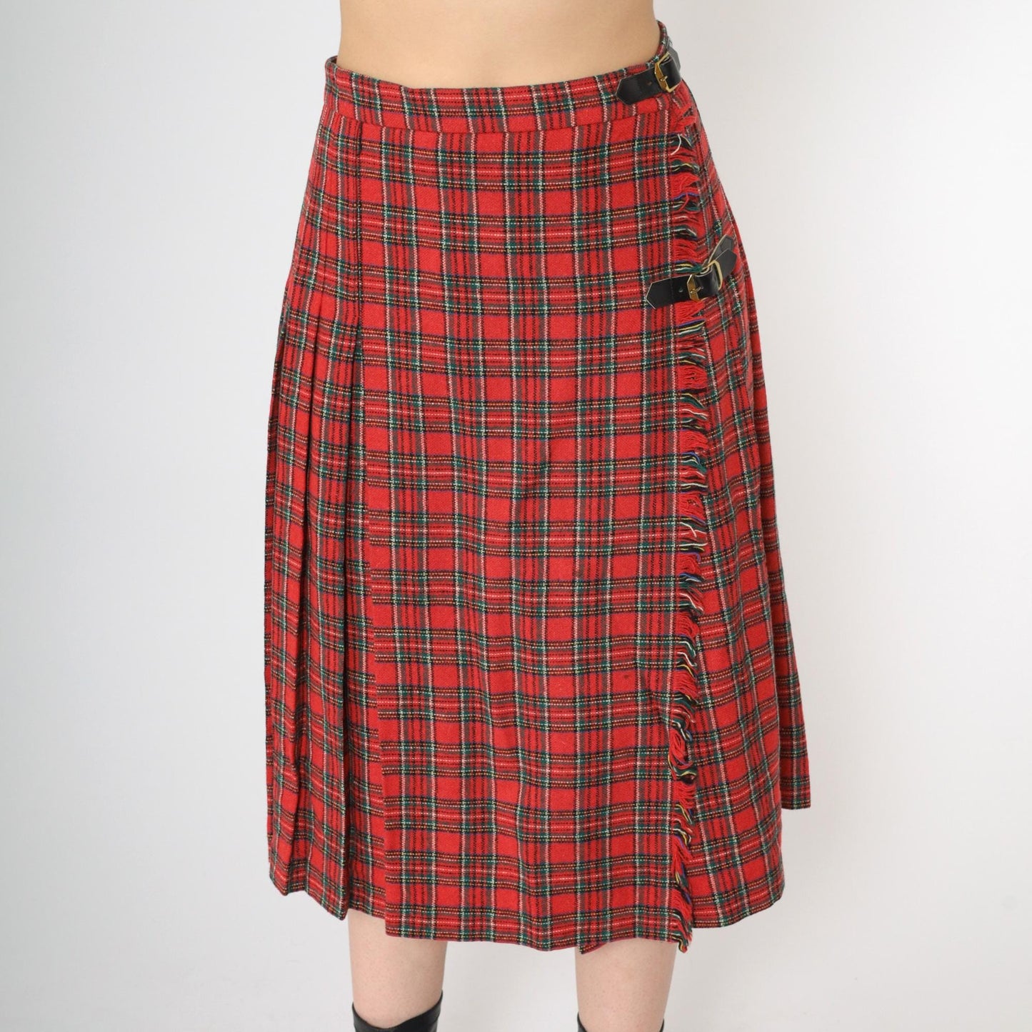80s Red Plaid Midi Skirt High Waist Pleated Tartan Buckle Small
