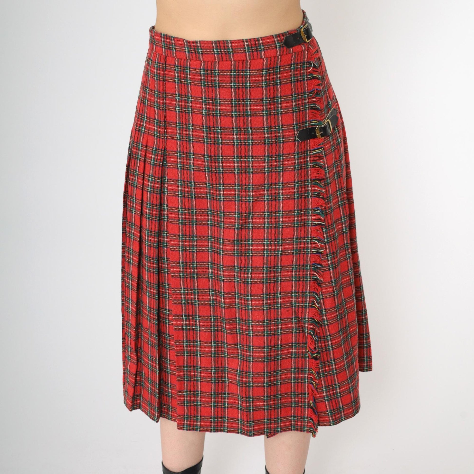 80s Red Plaid Midi Skirt High Waist Pleated Tartan Buckle Small