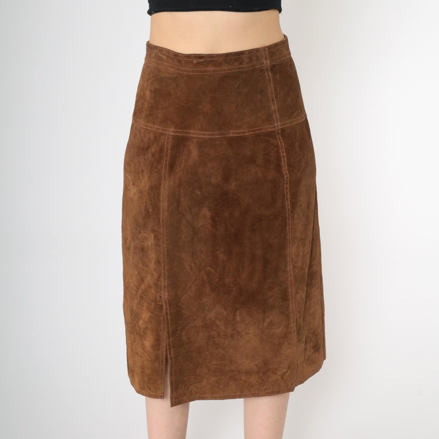 90s Brown Suede Midi Skirt High Waist Front Slit Small S