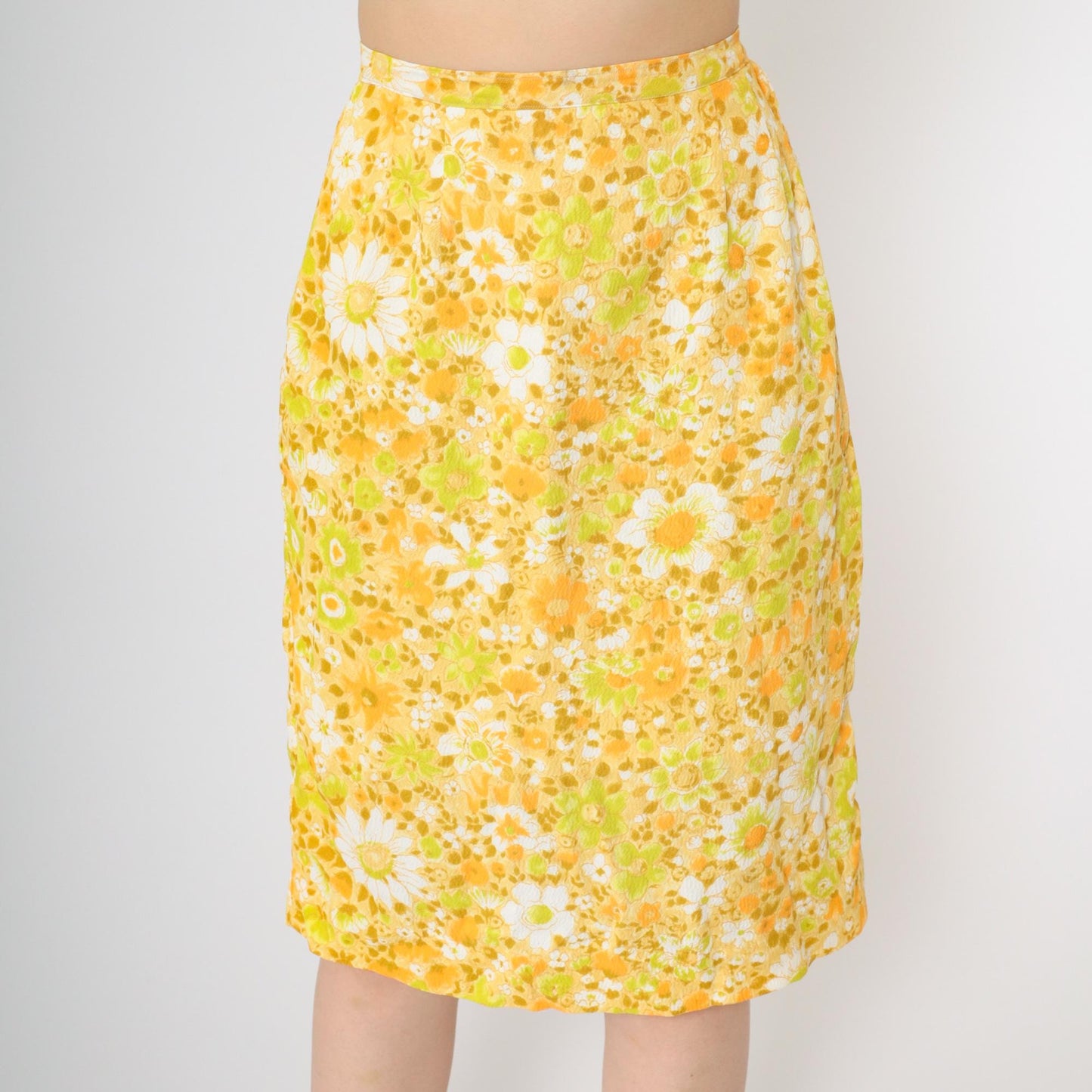 60s Yellow Orange Floral Pencil Midi Skirt High Waist Small