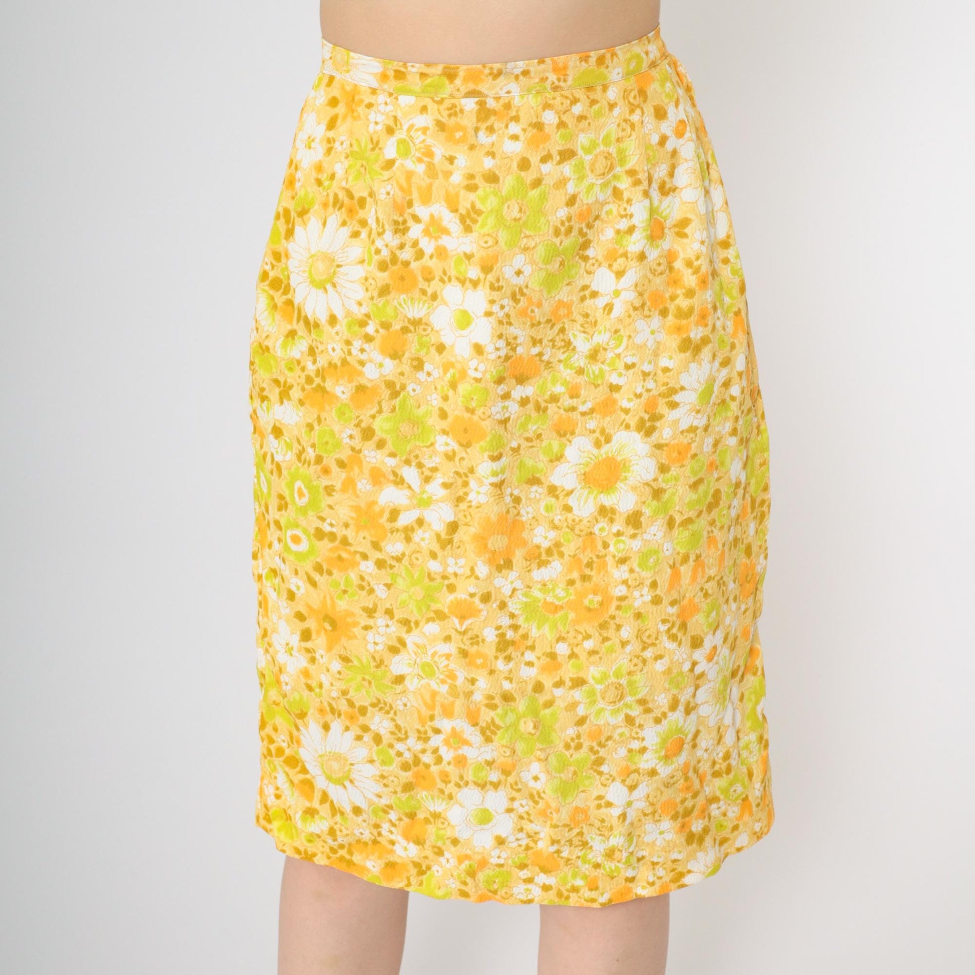 60s Yellow Orange Floral Pencil Midi Skirt High Waist Small