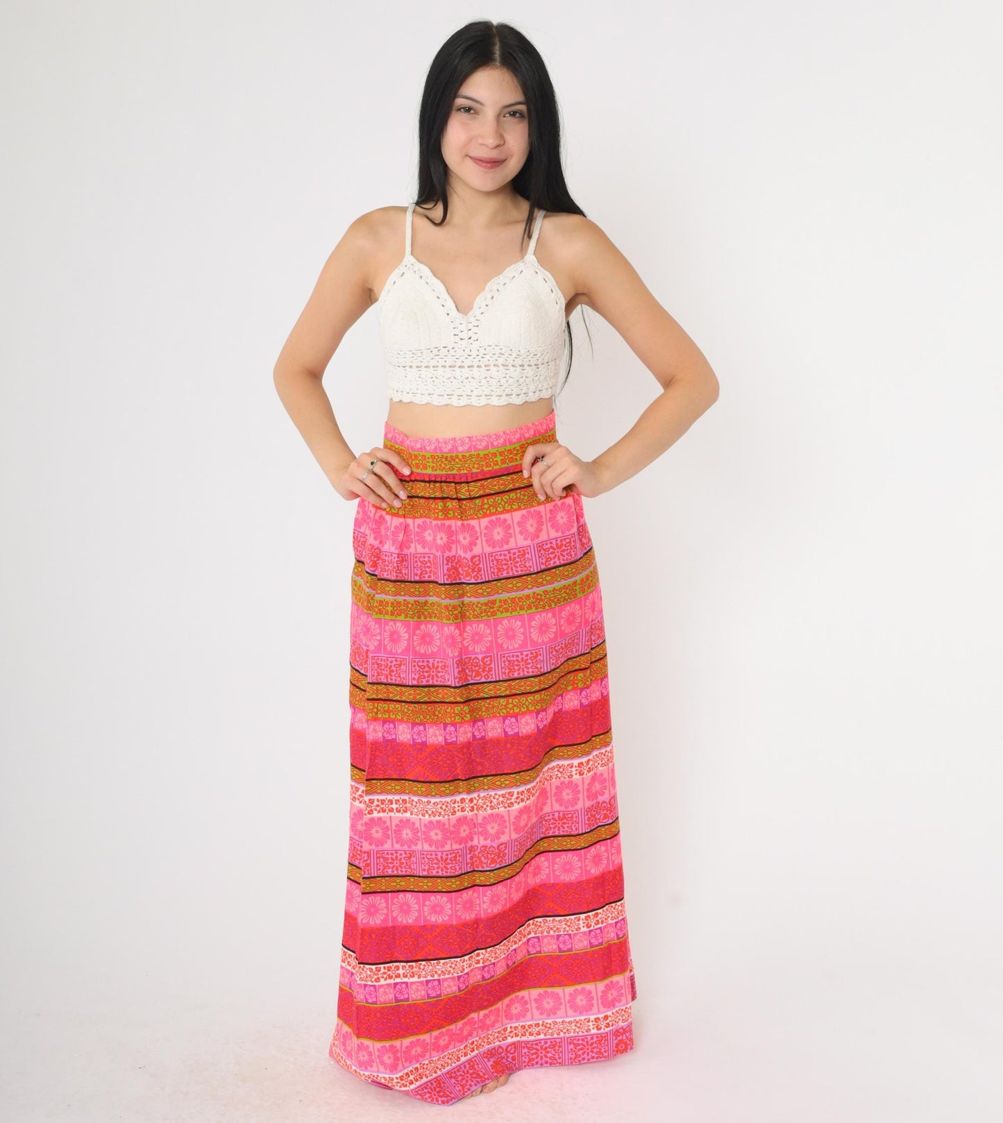 70s Floral Striped Maxi Skirt High Waist Hot Pink Olive Purple Small S