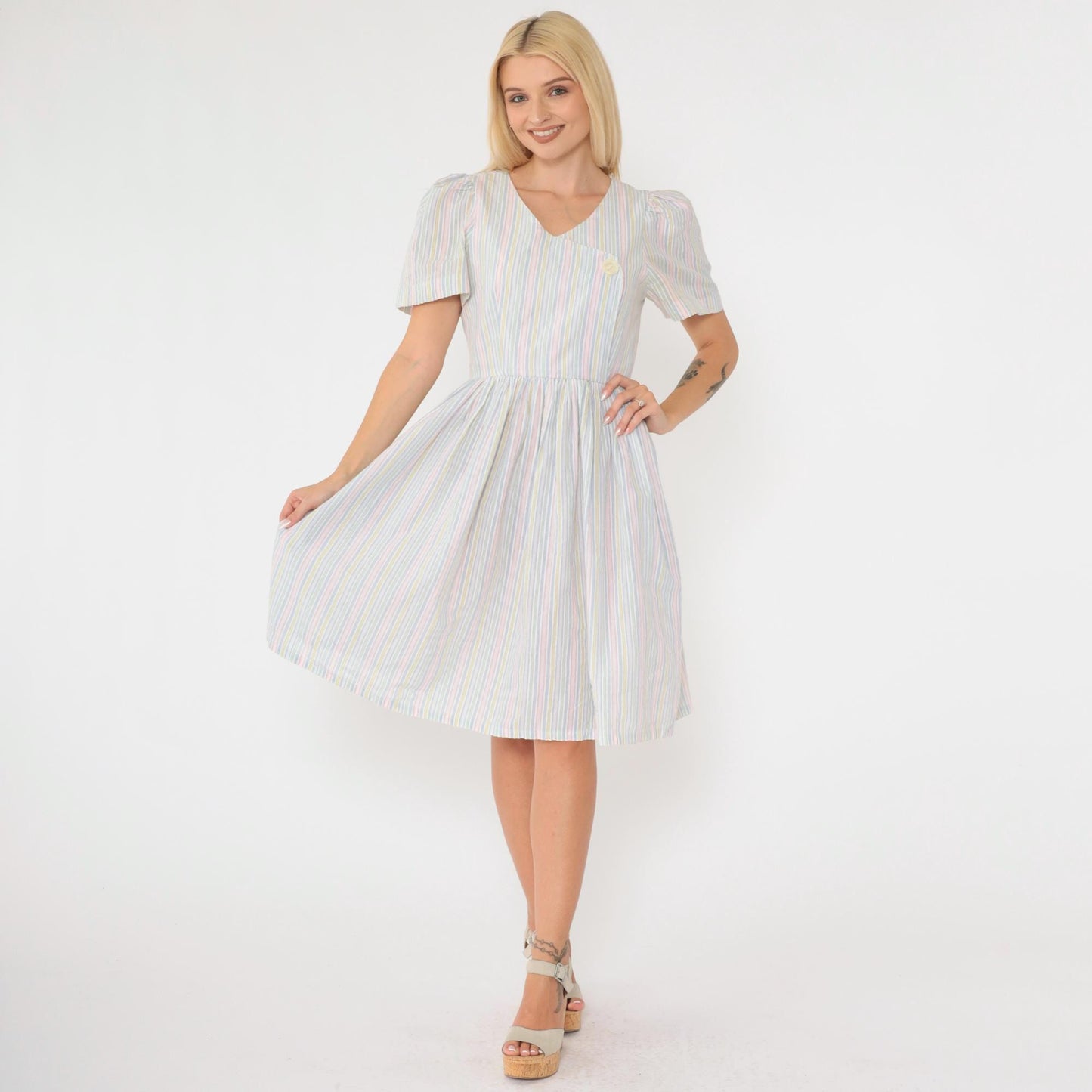 80s Striped Puff Sleeve Dress High Waisted Button Front Midi Green Pink Blue Extra Small