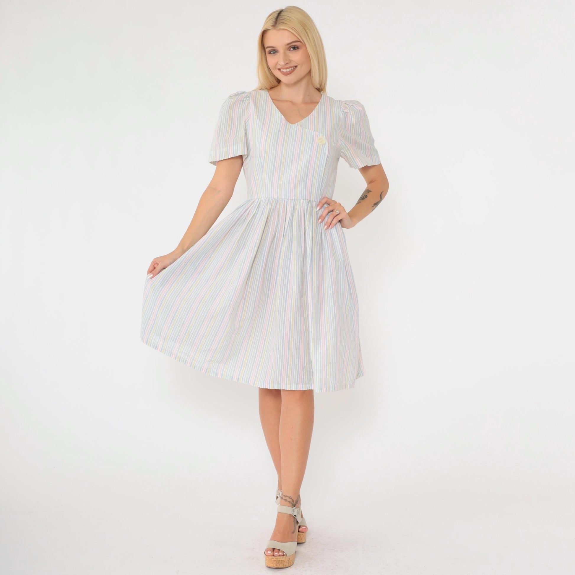 80s Striped Puff Sleeve Dress High Waisted Button Front Midi Green Pink Blue Extra Small