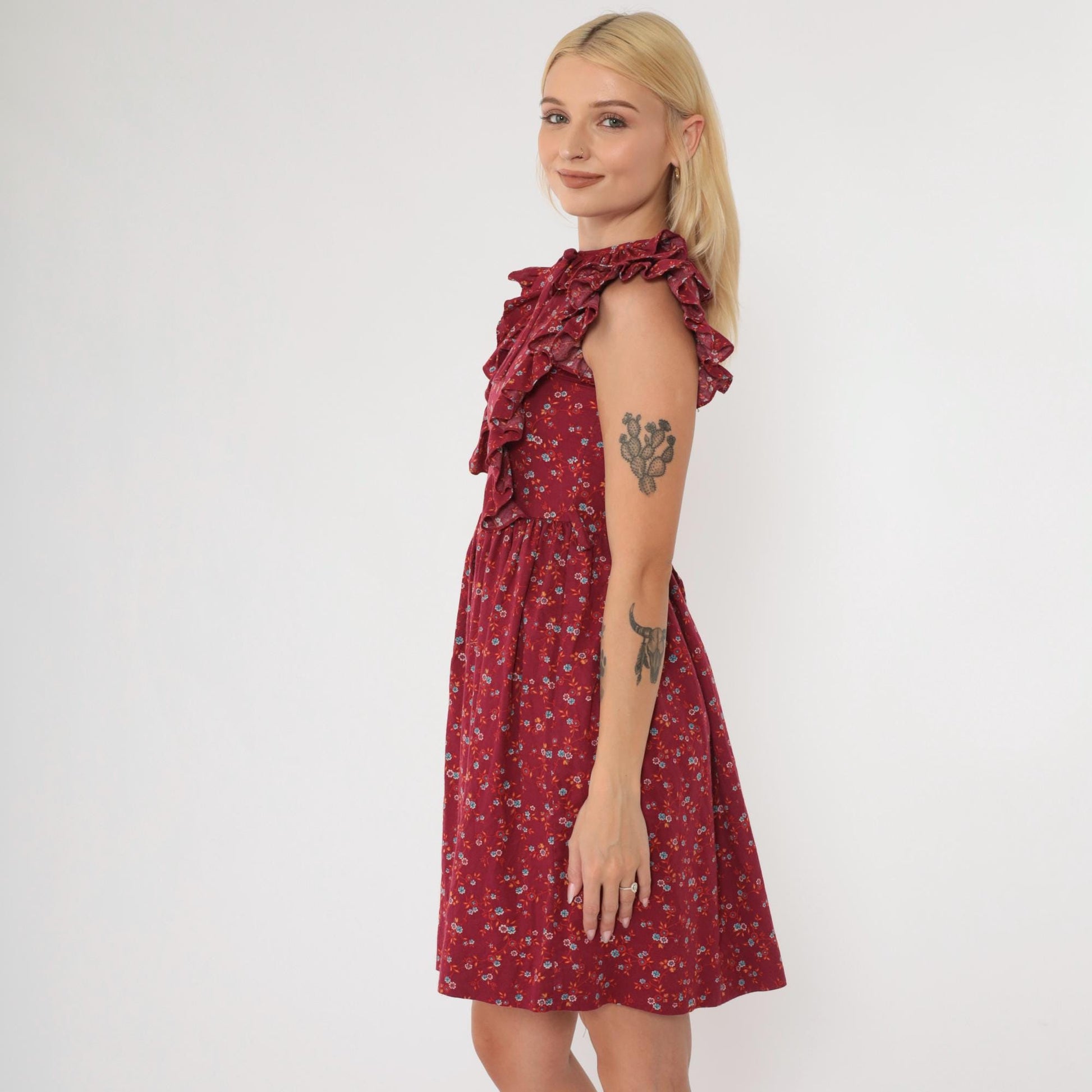 70s Kim Originals Floral Ruffle Mini Dress Burgundy High Waist Bow Neck 2XS