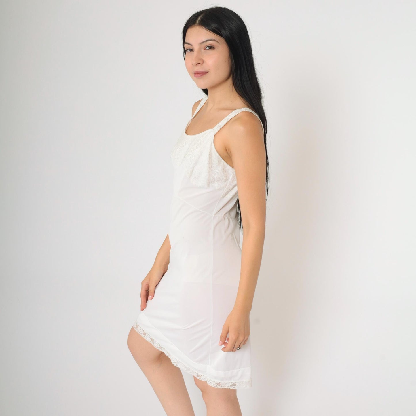 70s Charmante White Lace Slip Dress Scoop Neck Spaghetti Strap Mini Small