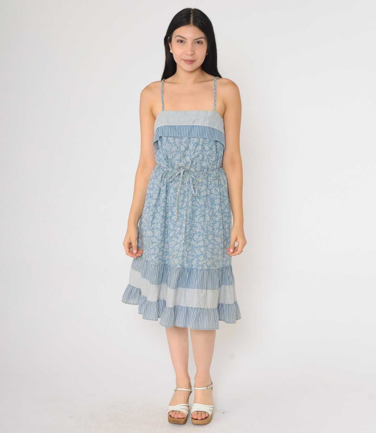 70s Floral Blue Tiered Sundress Spaghetti Strap High Waist Knee Length Small
