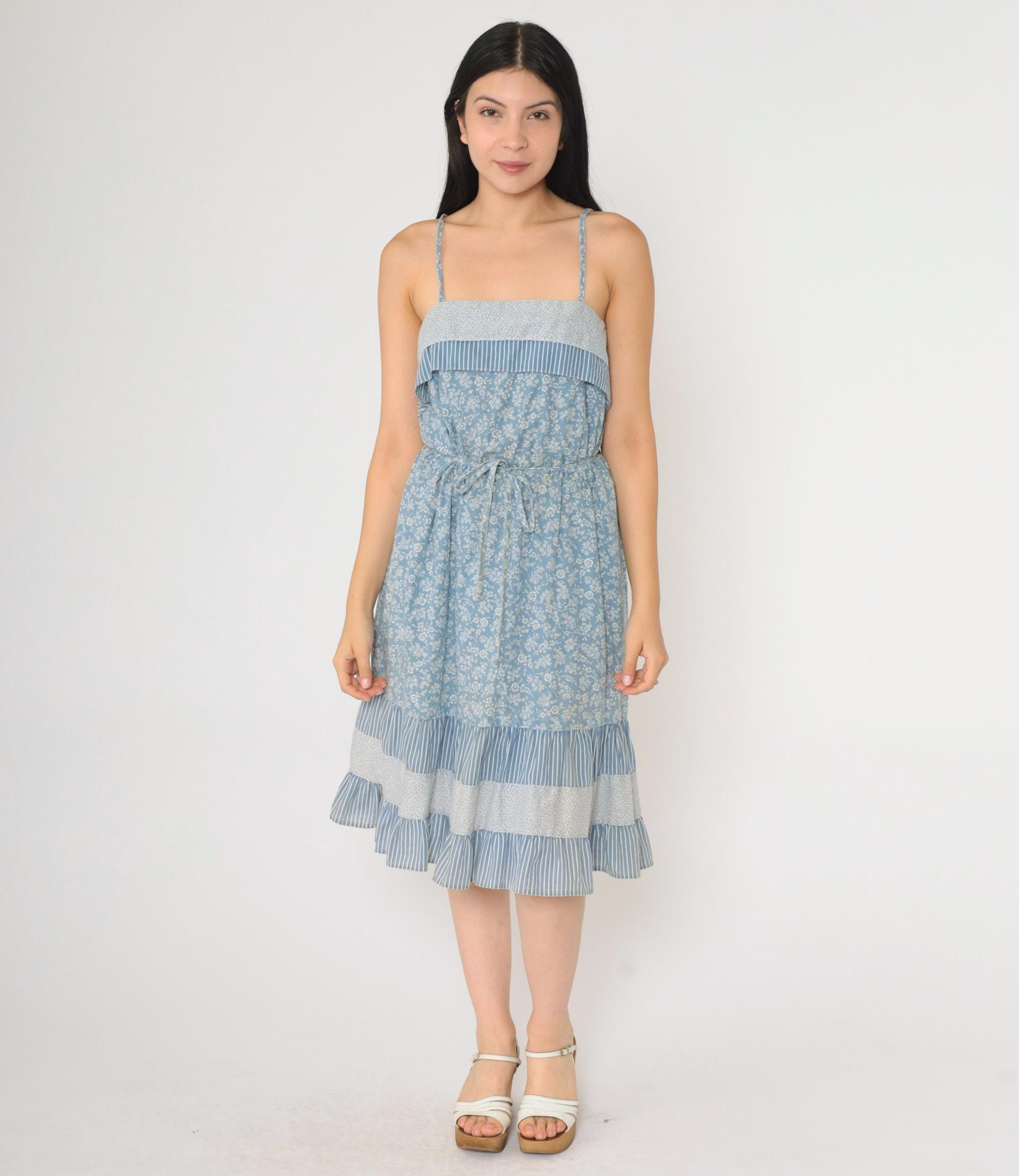 70s Floral Blue Tiered Sundress Spaghetti Strap High Waist Knee Length Small