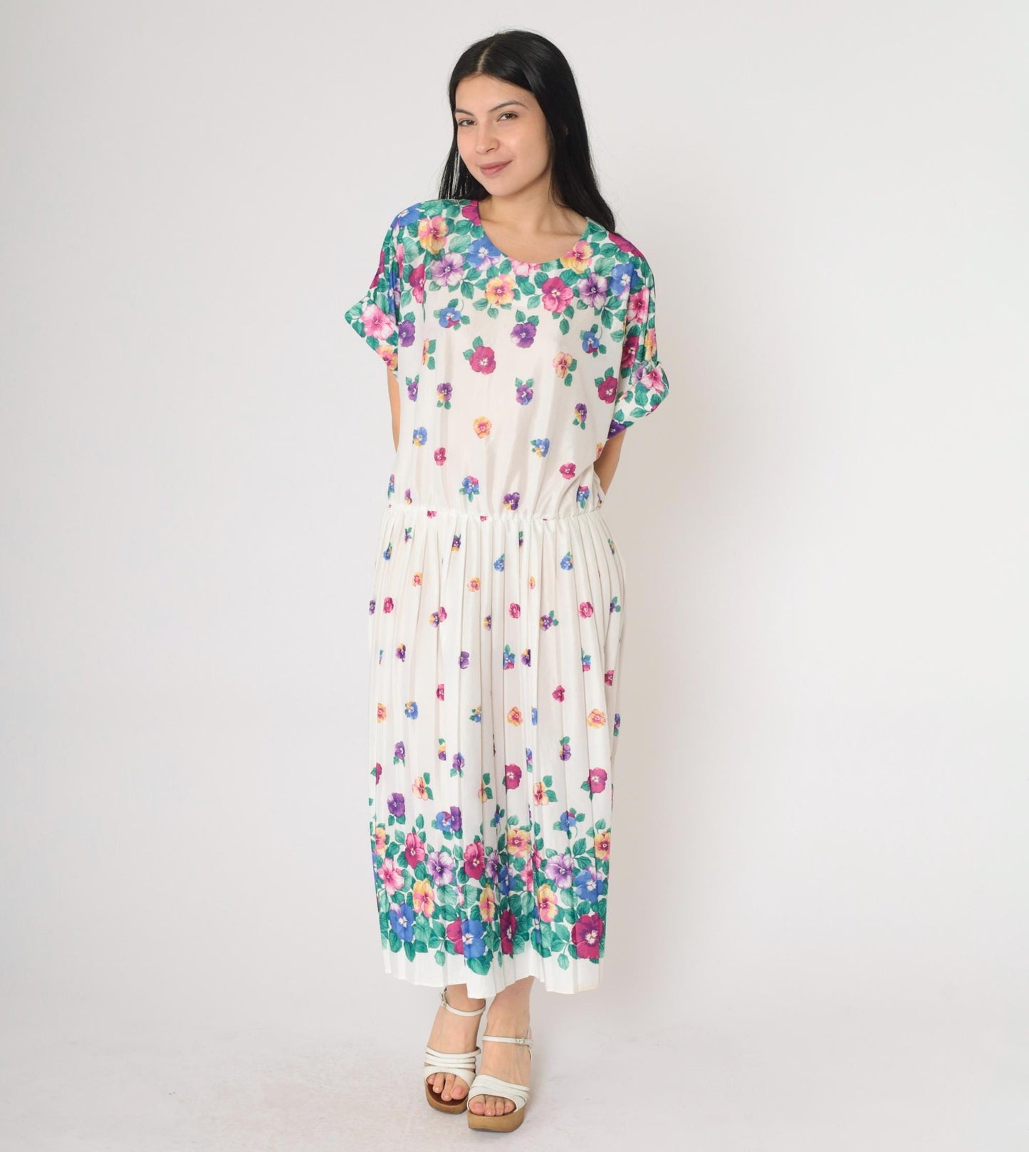 80s Floral Midi Dress White Multicolor Pleated High Waist Short Sleeve Extra Large