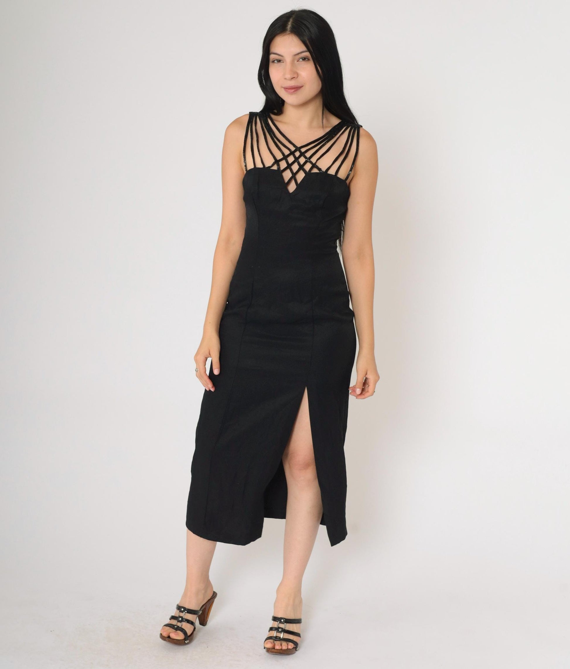 90s Zum Zum Black Beaded Cage Neckline Midi Dress Extra Small XS