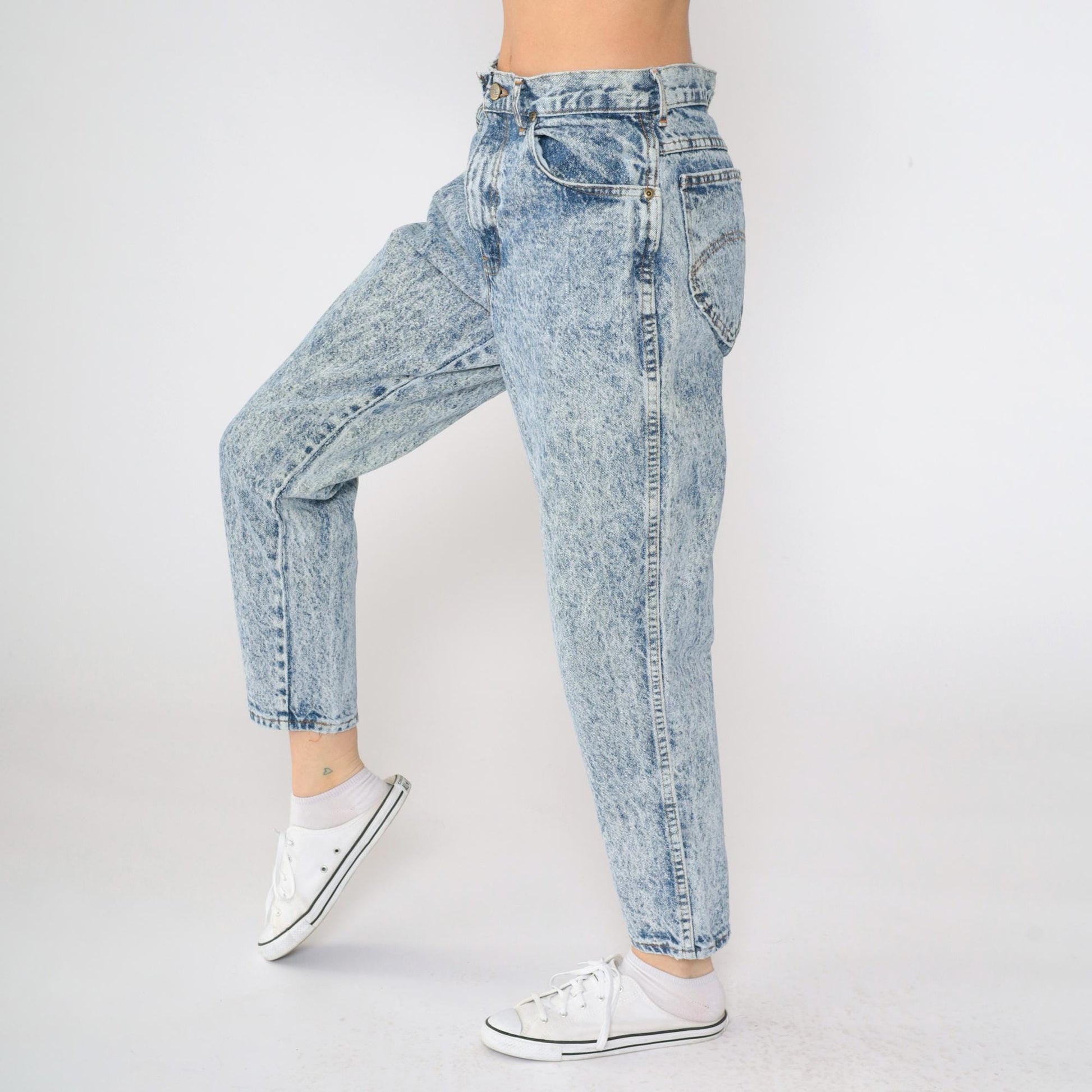 80s Acid Wash High-Waist Tapered Jeans Blue Denim Size 14