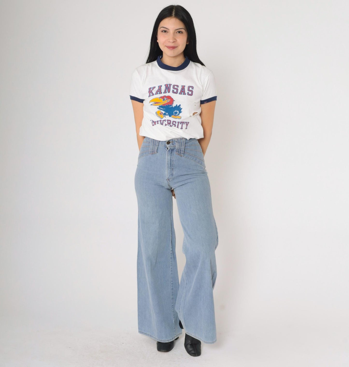 80s University of Kansas Jayhawks Ringer Tee White Graphic Athletic Shirt Small