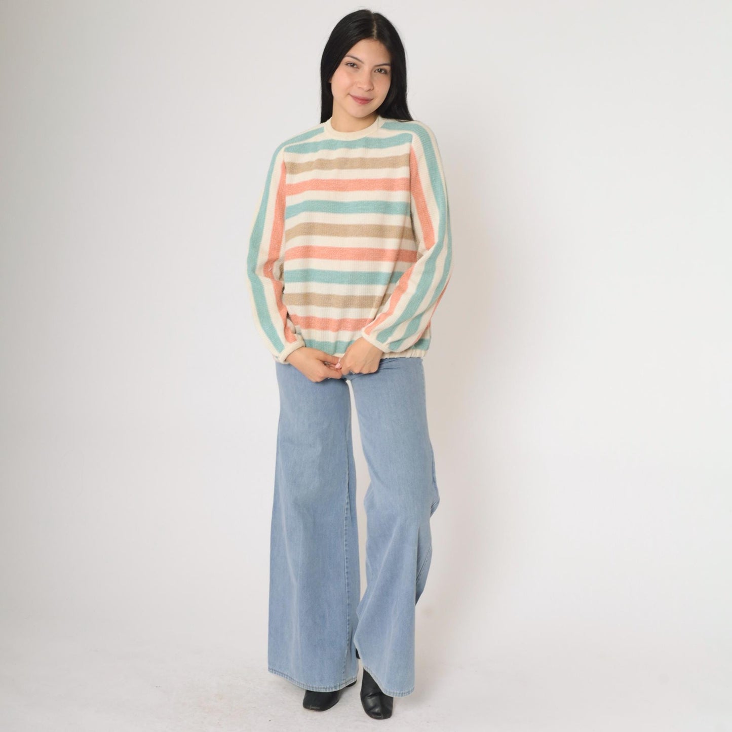 80s Dalton Striped Knit Sweater Raglan Pullover Cream Seafoam Peach Small
