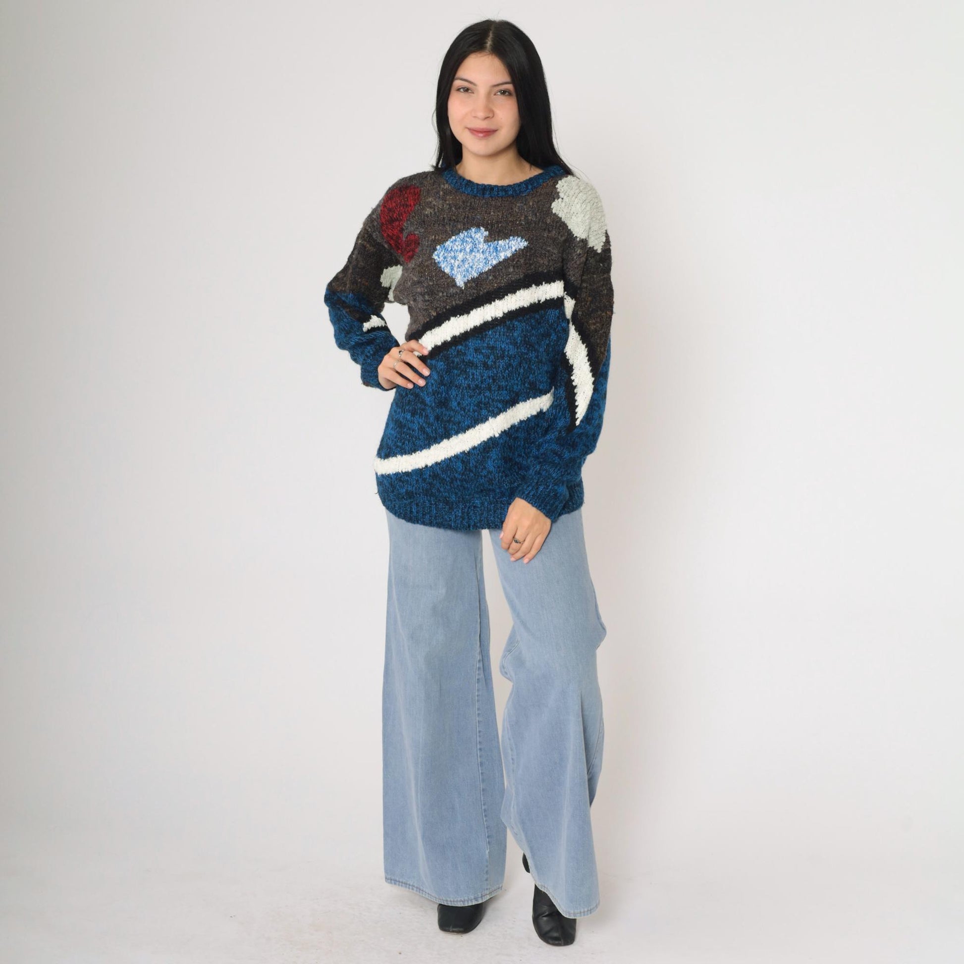 80s Geometric Space Dye Sweater Blue Striped Knit Pullover Small