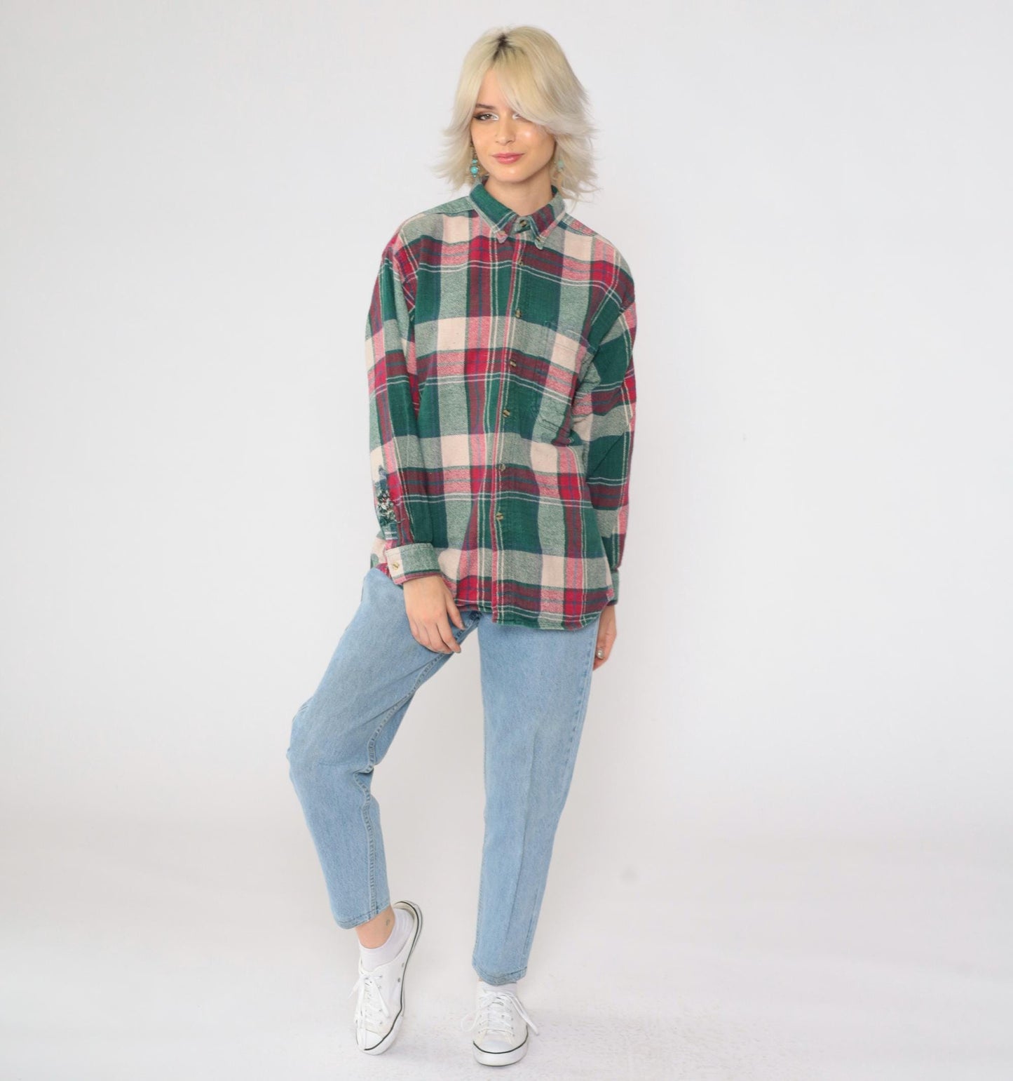 90s Sierra Pacific Green Pink Plaid Flannel Shirt Long Sleeve Medium M