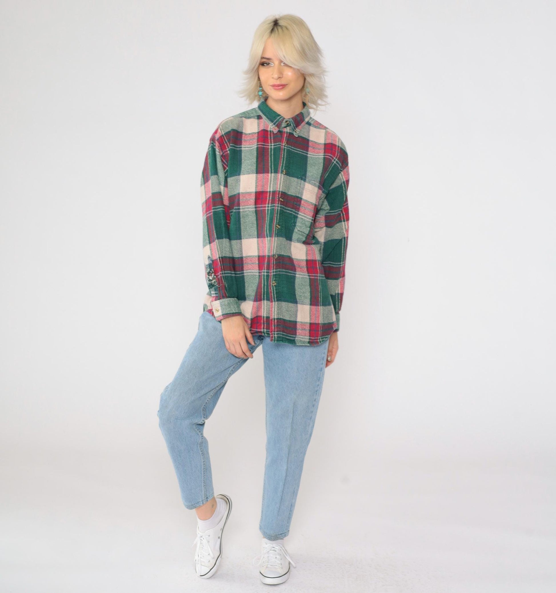 90s Sierra Pacific Green Pink Plaid Flannel Shirt Long Sleeve Medium M