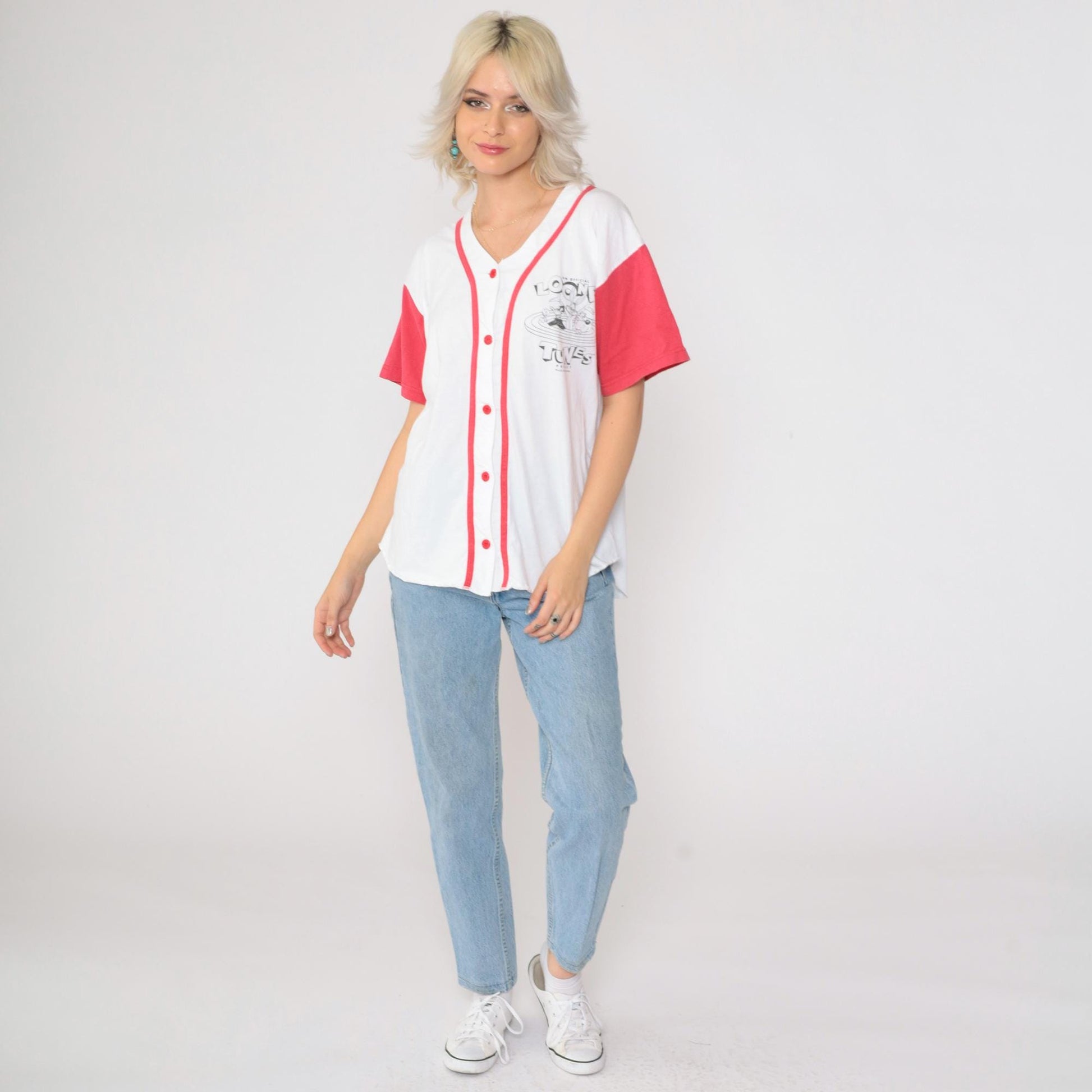 90s Looney Tunes Baseball Shirt Warner Bros Graphic Button Up Cotton Medium
