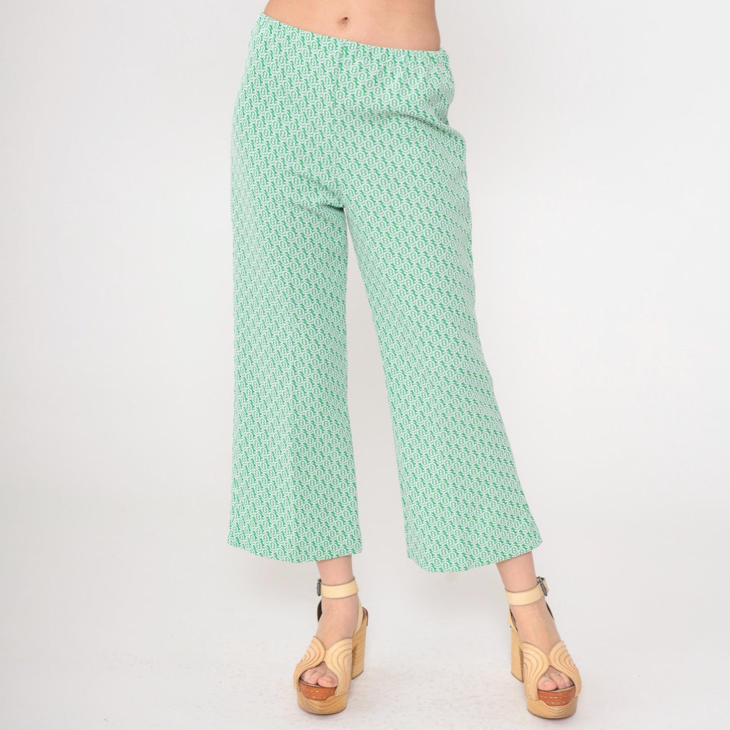 70s Green Geometric Flared Trousers High Waist Elastic Waistband Extra Small