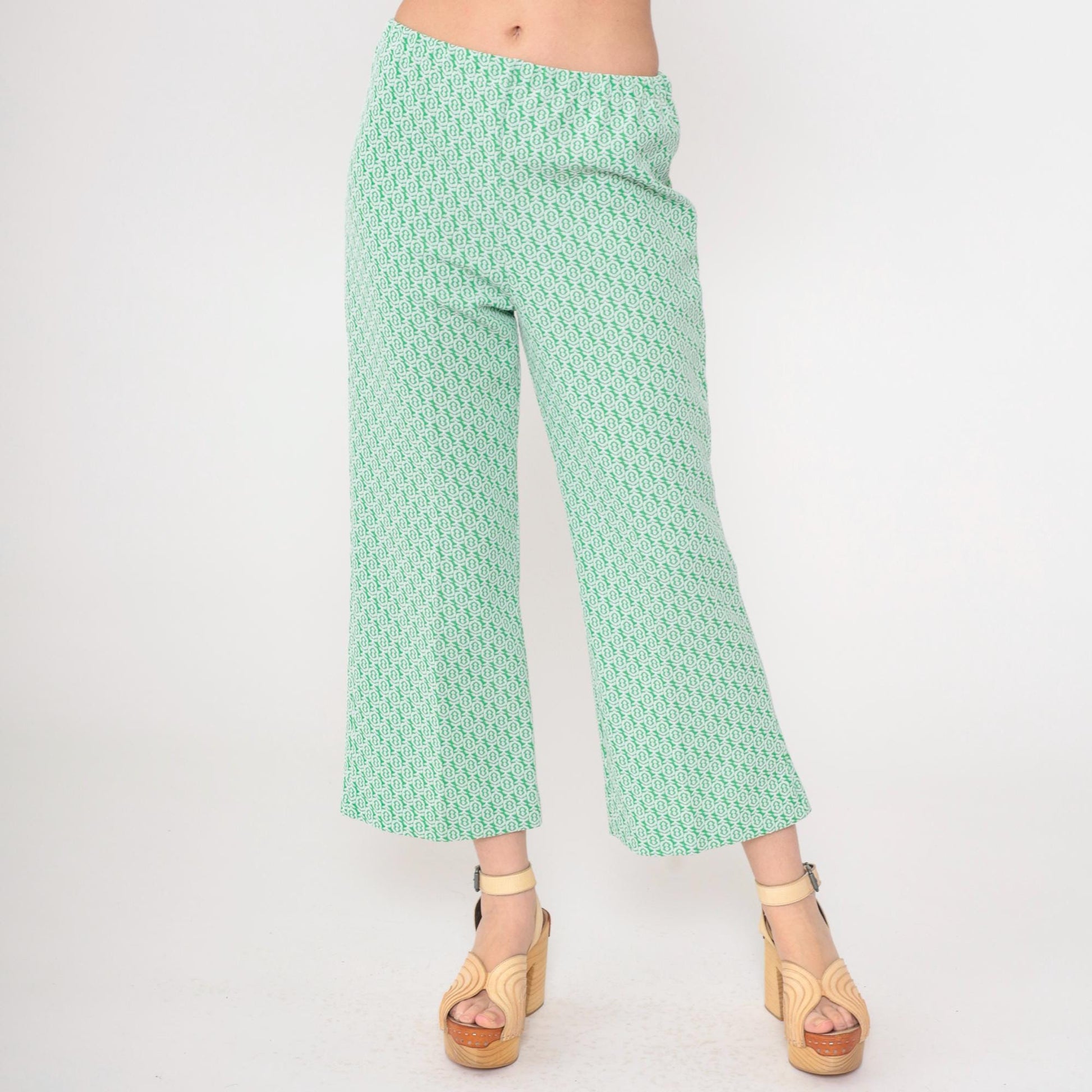 70s Green Geometric Flared Trousers High Waist Elastic Waistband Extra Small