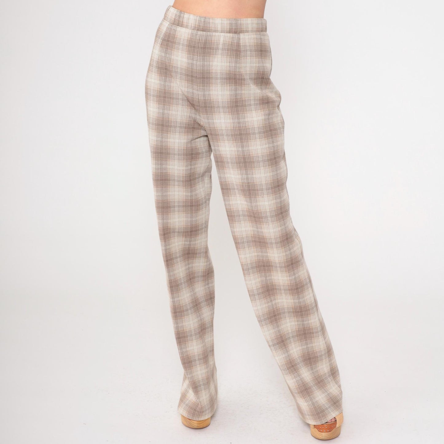 70s Plaid Flared Trousers Taupe High Waist Elastic Pants Small