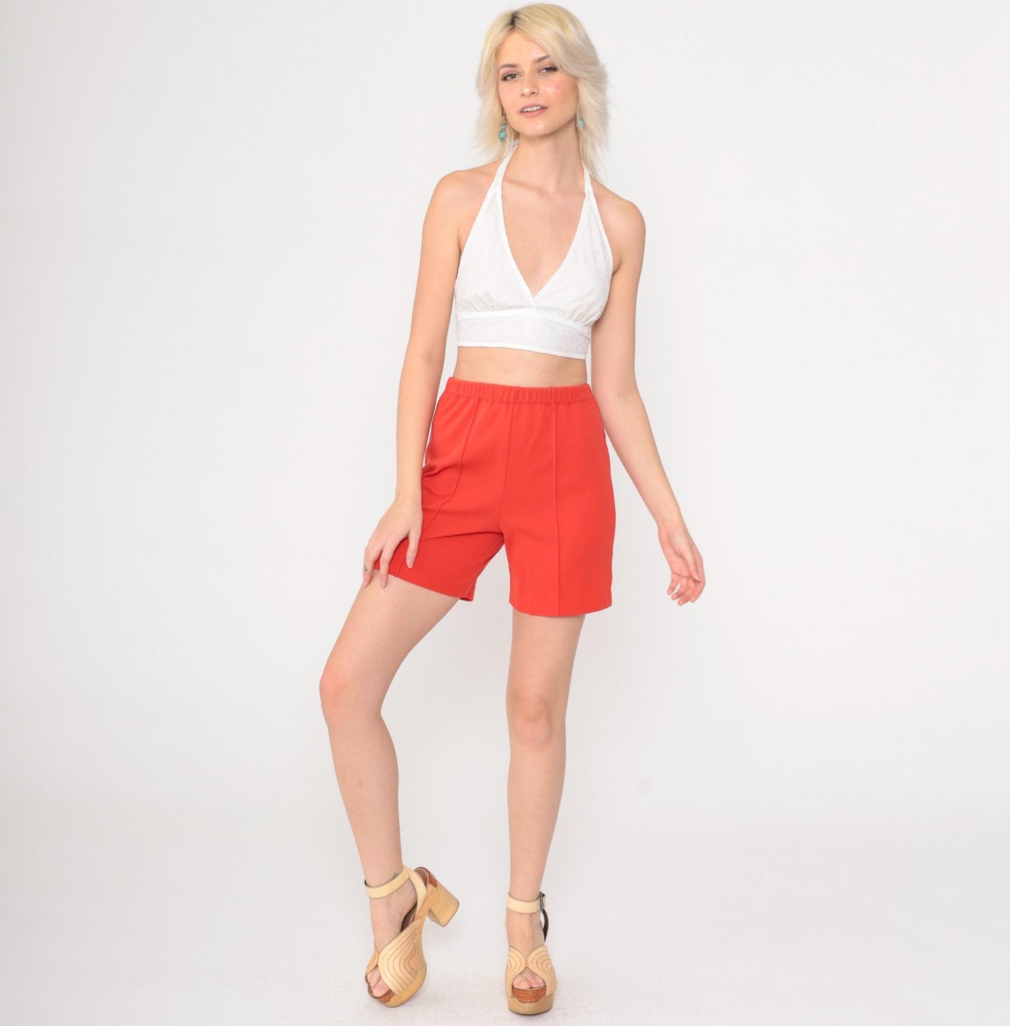 70s Red High-Waisted Shorts Polyester Knit Crease Front Small