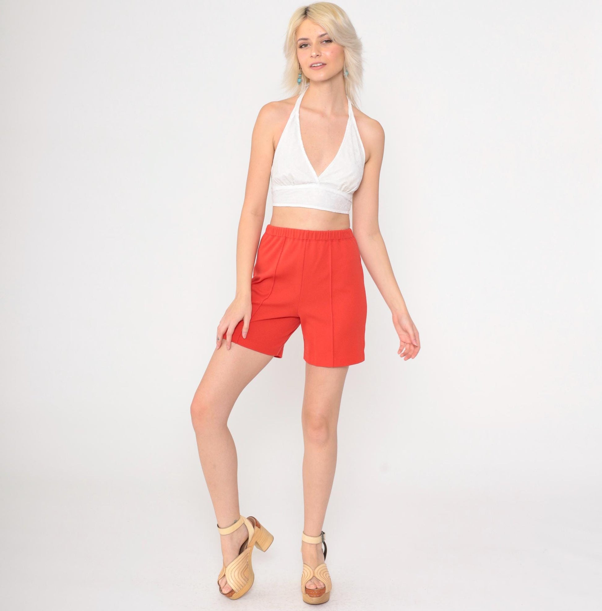 70s Red High-Waisted Shorts Polyester Knit Crease Front Small