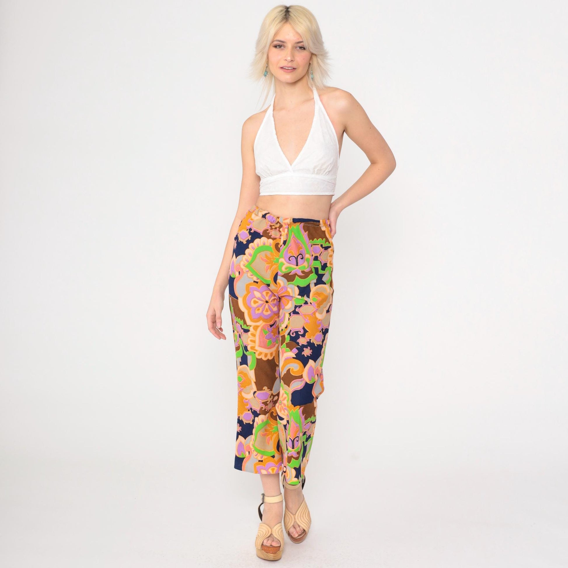 70s Psychedelic Floral Bell Bottom Pants High Waist Cropped Small